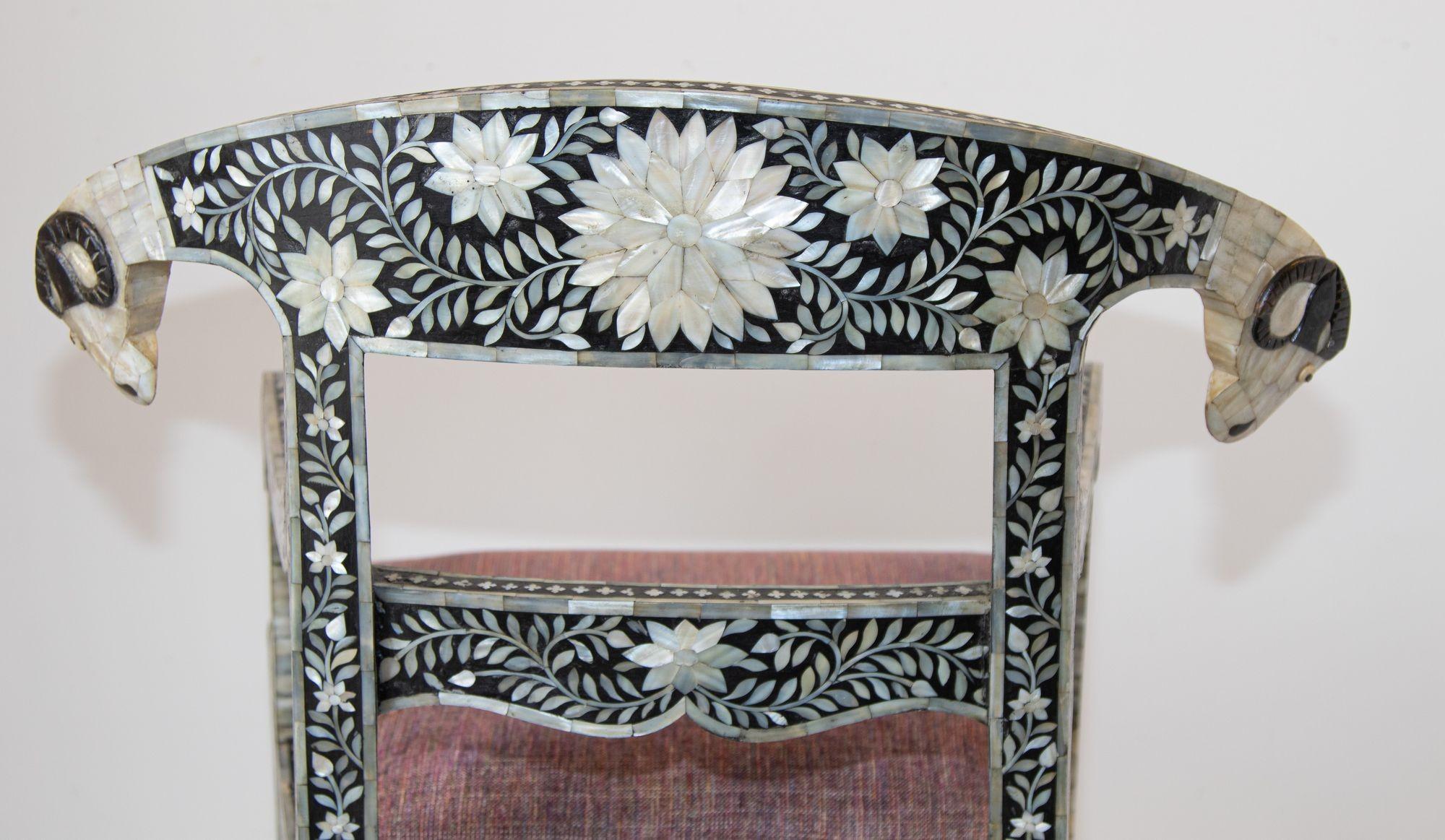 Anglo-Indian Mughal Mother of Pearl Inlaid Klismos Armchair with Ram Head 1 of 2 For Sale 2
