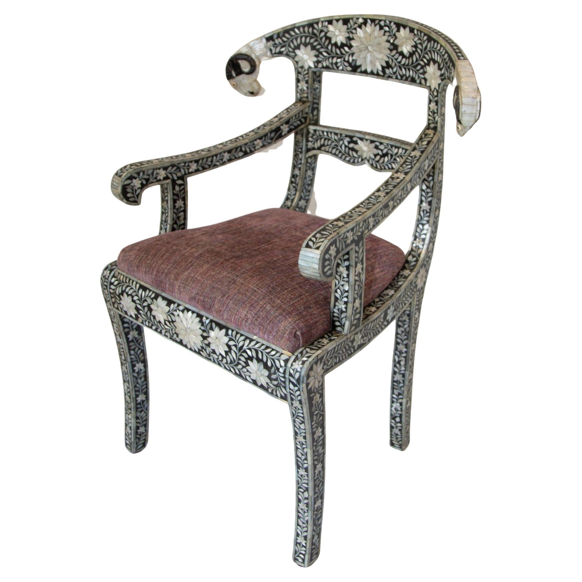 Anglo-Indian Mughal Mother of Pearl Inlaid Klismos Armchair with Ram Head