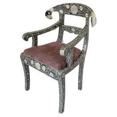 Anglo-Indian Mughal Mother of Pearl Inlaid Klismos Armchair with Ram Head