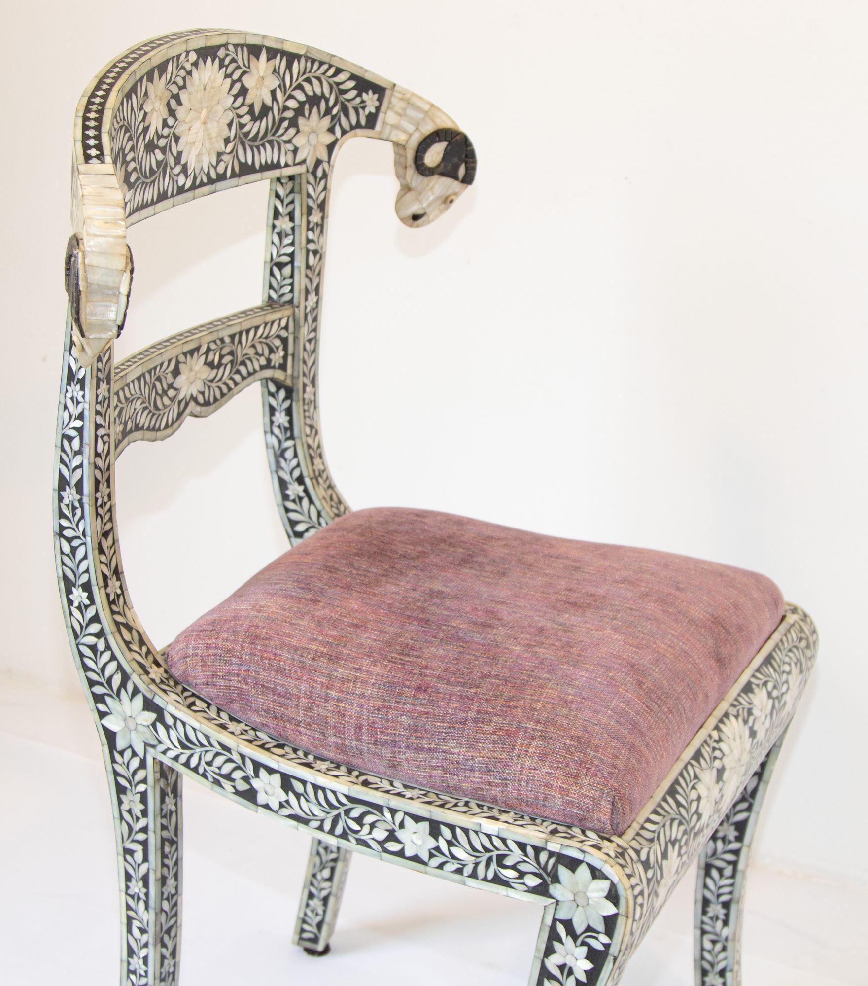 Anglo-Indian Mughal Mother of Pearl Inlaid Side Chair with Ram's Head For Sale 2