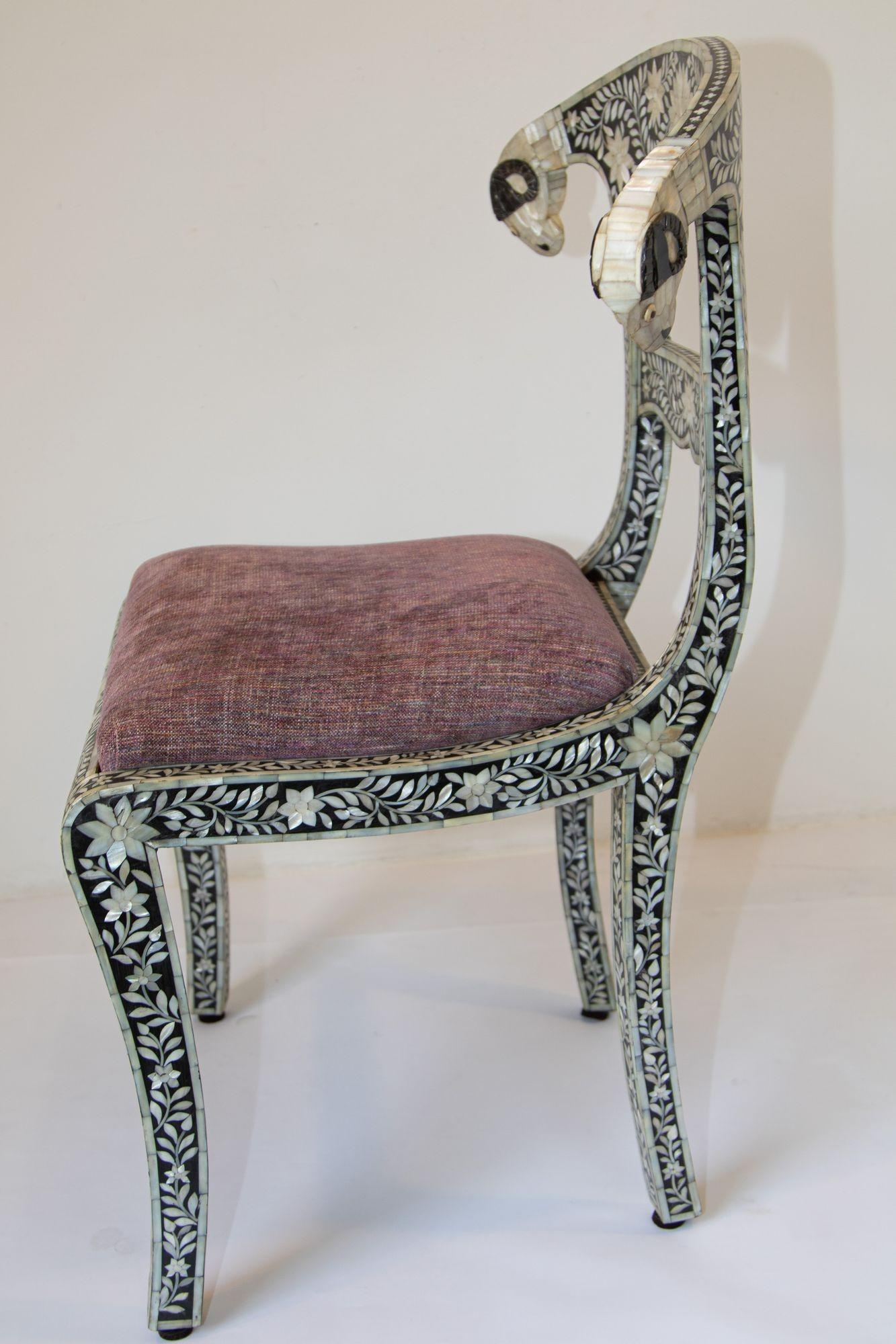 Inlay Anglo-Indian Mughal Mother of Pearl Inlaid Side Chair with Ram's Head For Sale