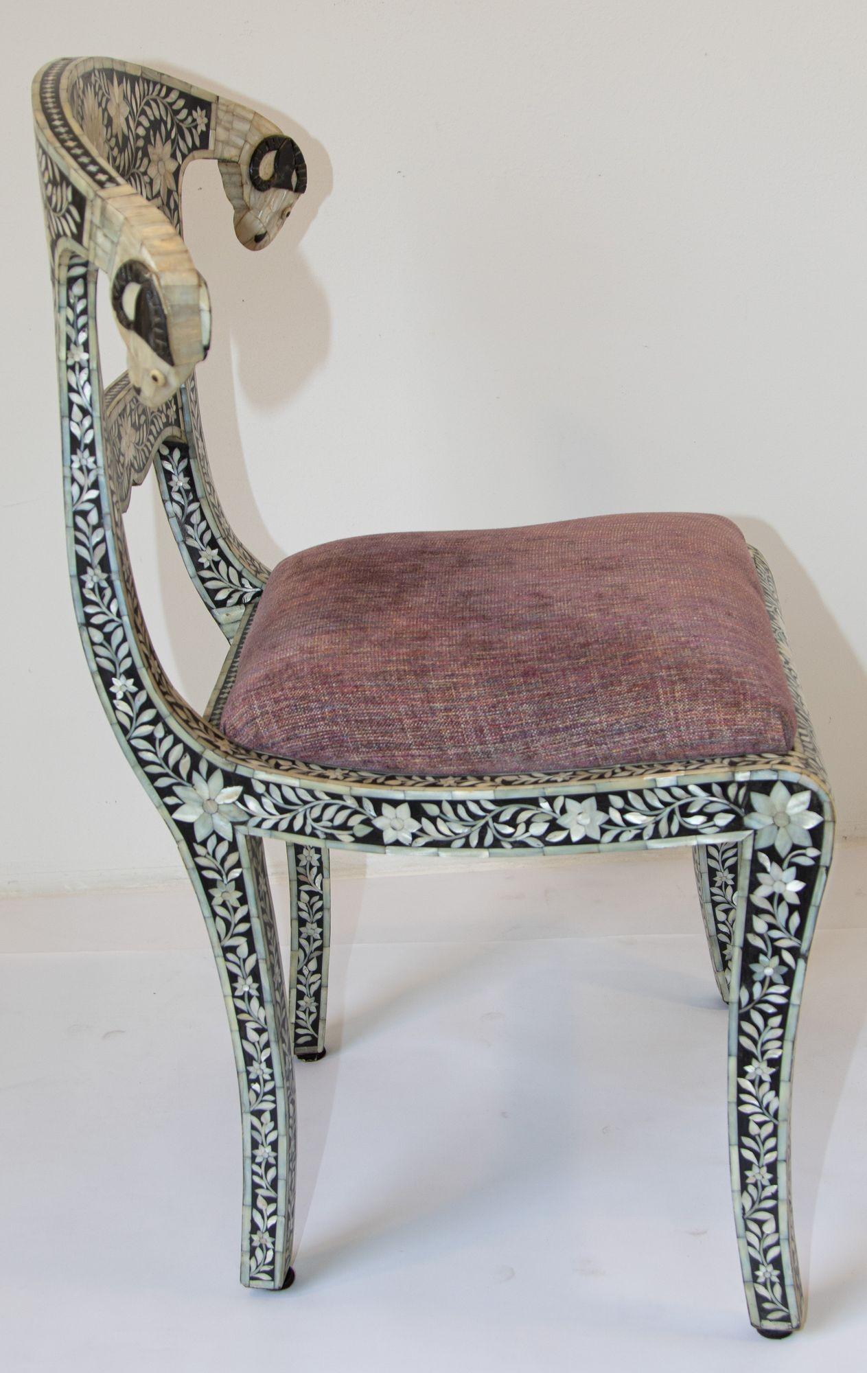 Anglo-Indian Mughal Mother of Pearl Inlaid Side Chair with Ram's Head In Good Condition For Sale In North Hollywood, CA