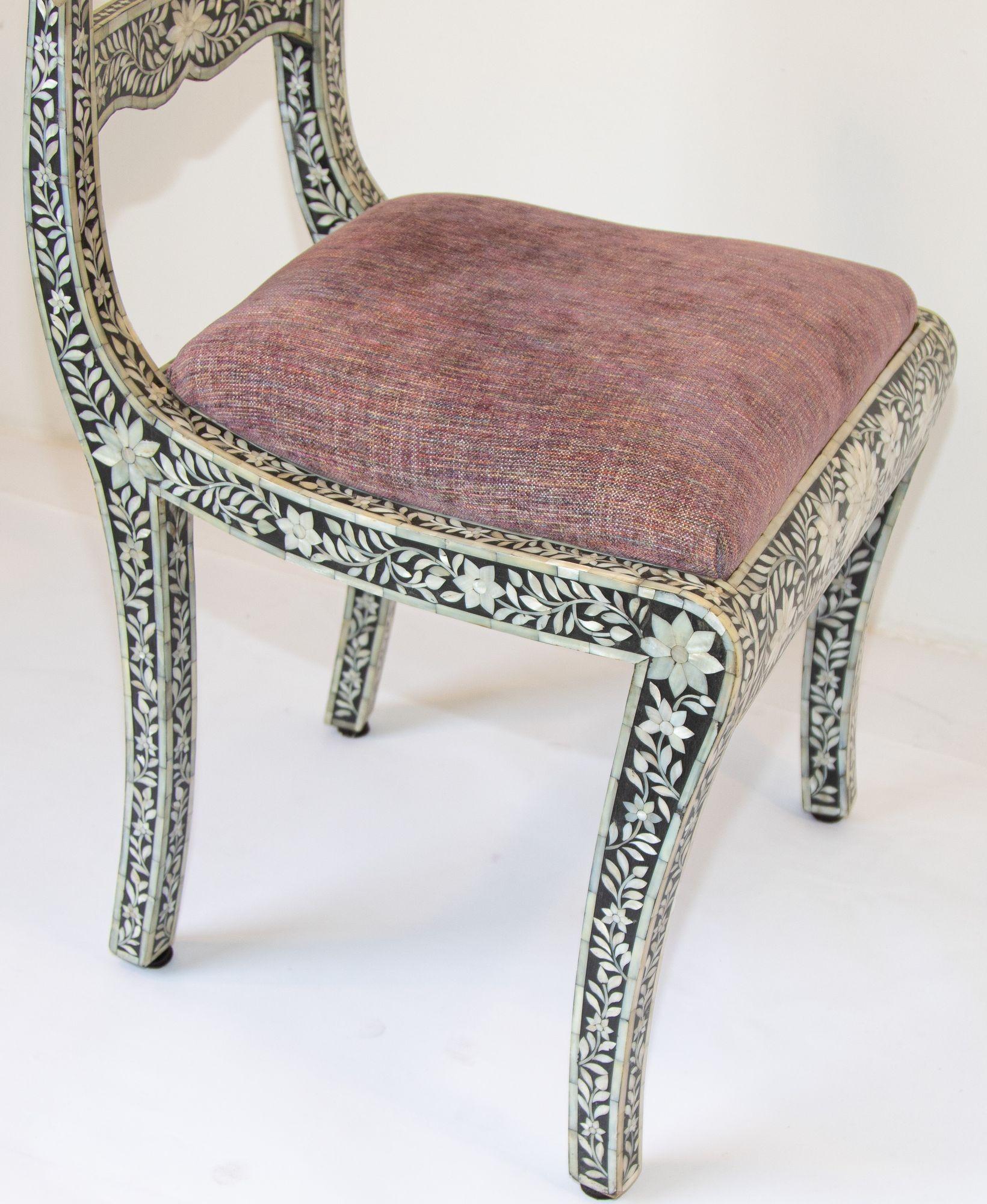 Anglo-Indian Mughal Mother of Pearl Inlaid Side Chair with Ram's Head For Sale 11