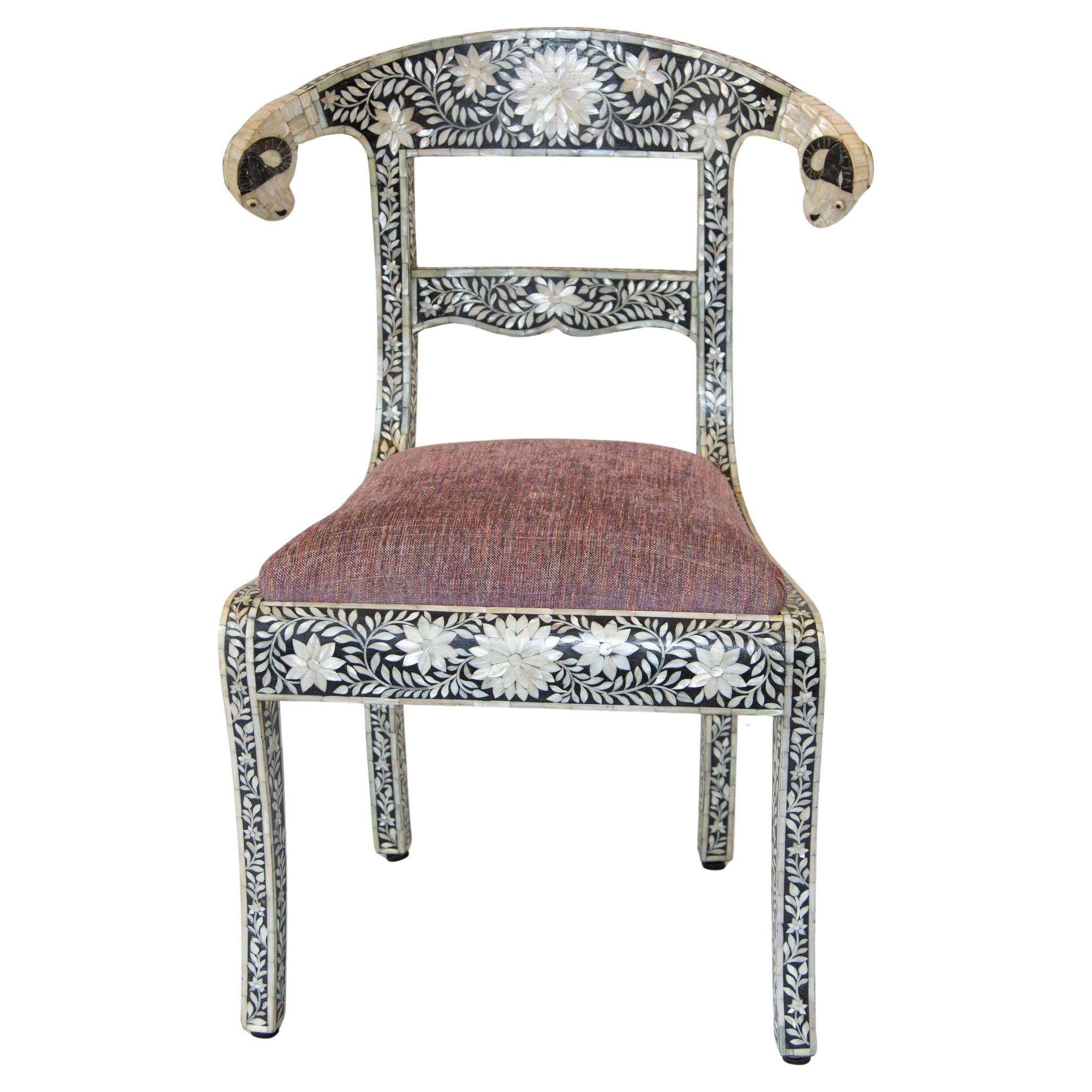 Anglo-Indian Mughal Mother of Pearl Inlaid Side Chair with Ram's Head