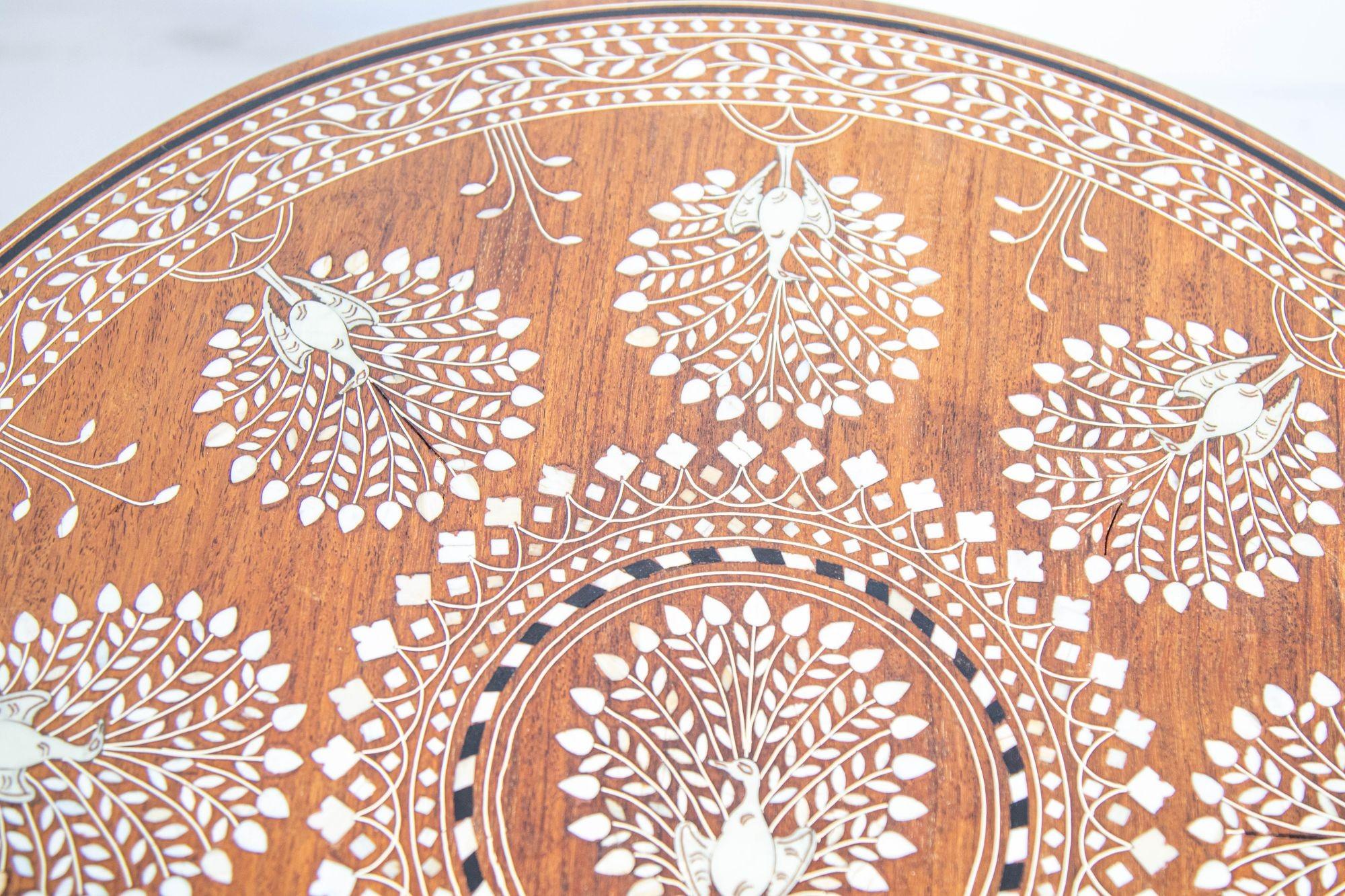 Anglo Indian Mughal Teak Inlaid Round Side Table 5
