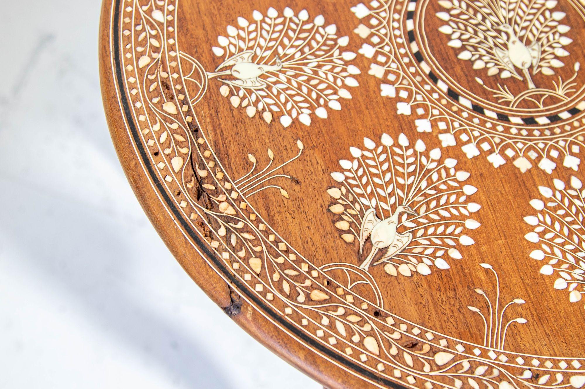 Anglo Indian Mughal Teak Inlaid Round Side Table 9