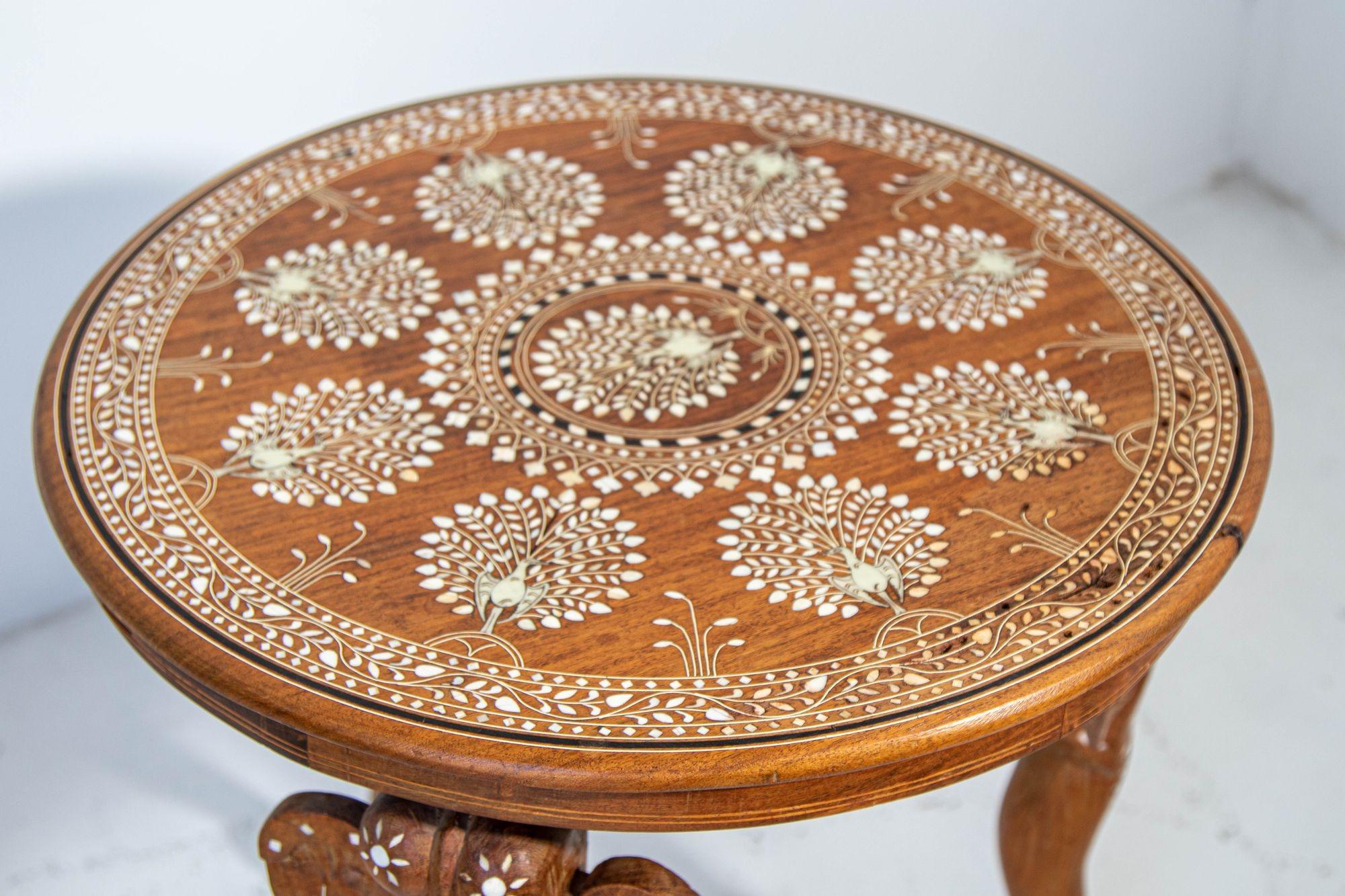 Anglo Indian Mughal Teak Inlaid Round Side Table 10