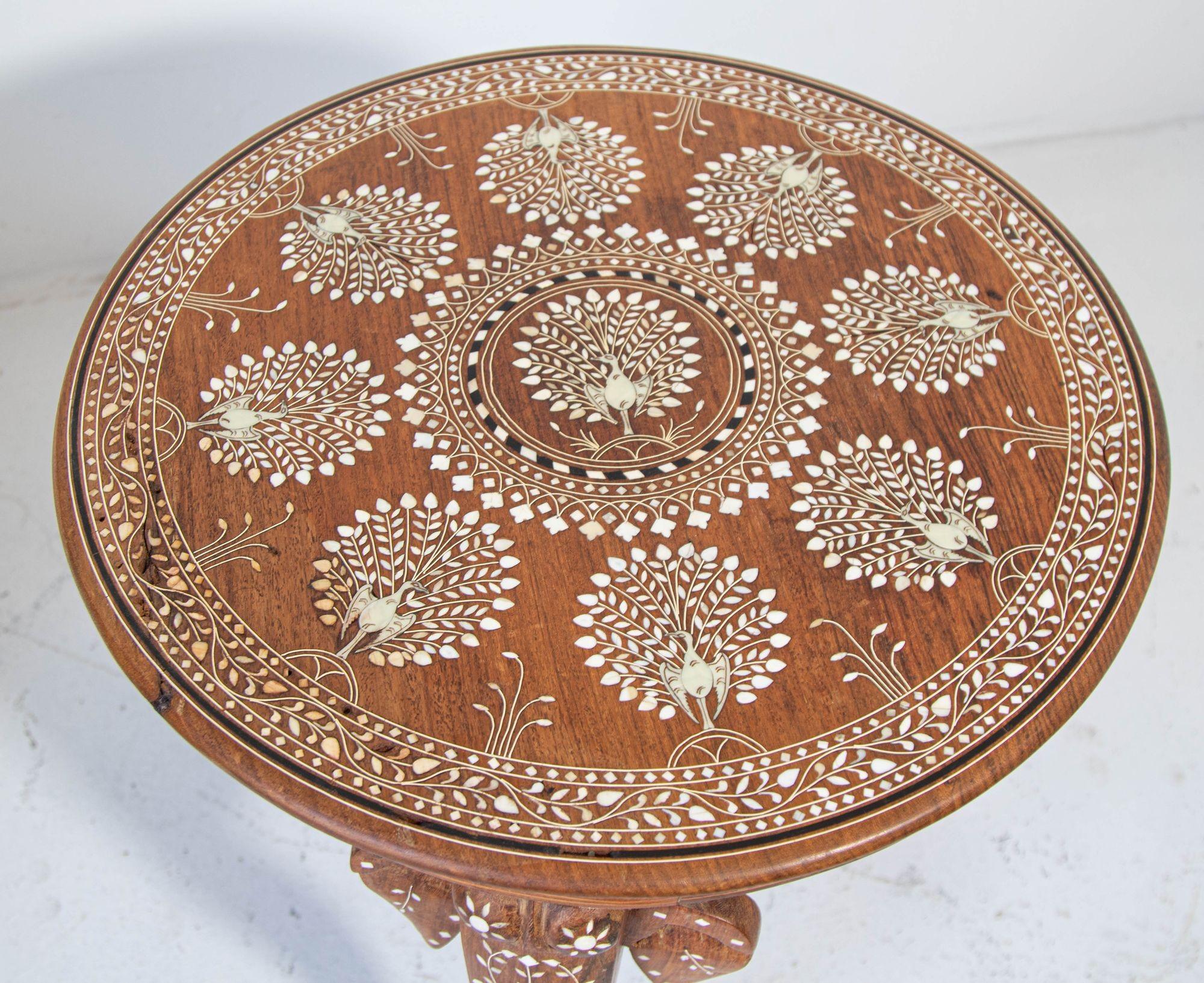 Hand-Carved Anglo Indian Mughal Teak Inlaid Round Side Table