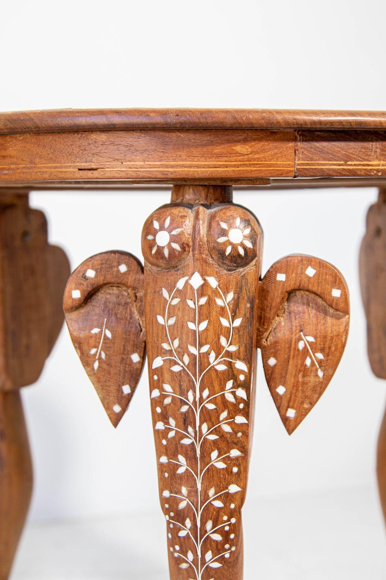 Hand-Carved Anglo Indian Mughal Teak Inlaid Round Side Table