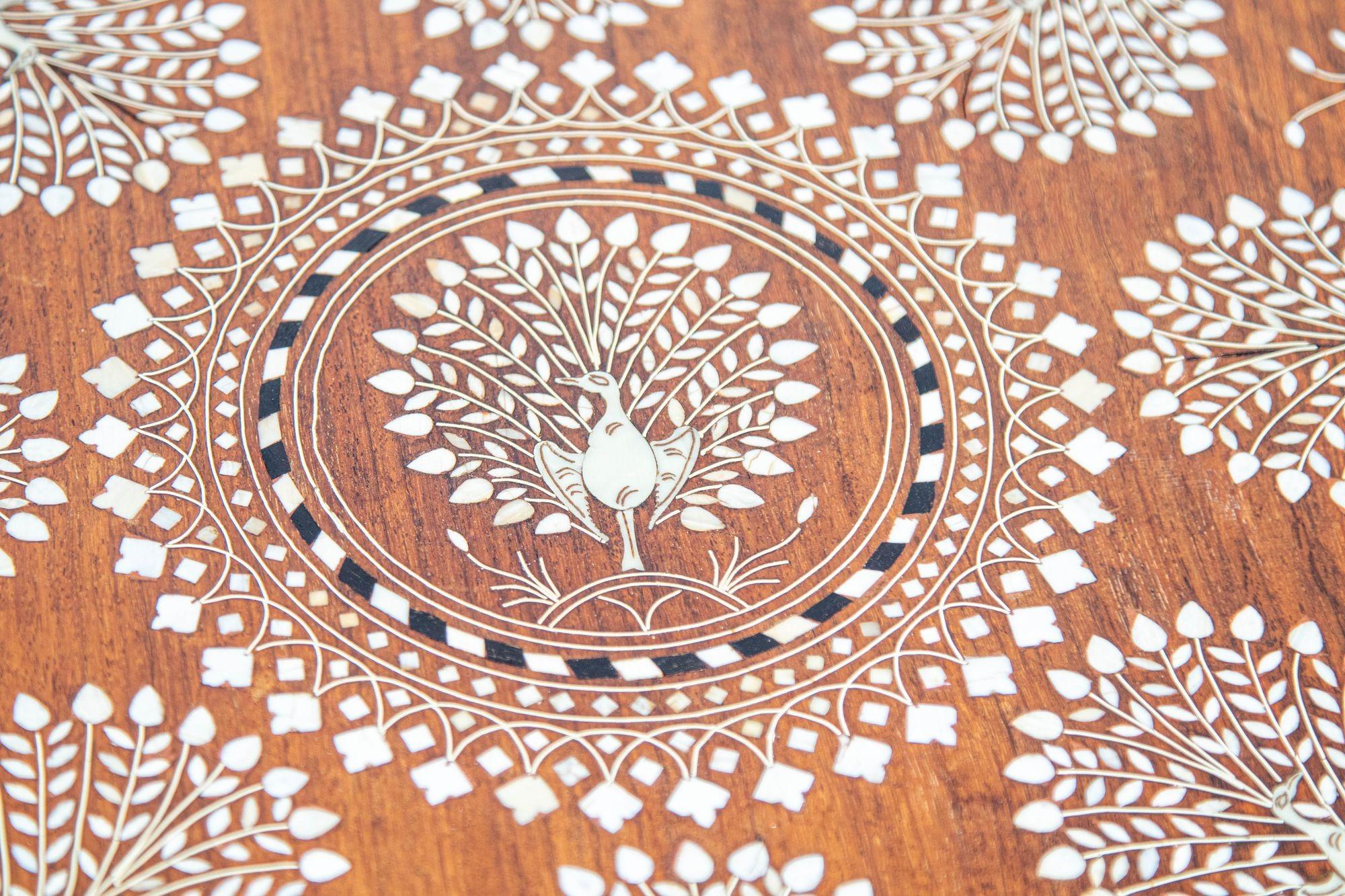 Anglo Indian Mughal Teak Inlaid Round Side Table 2