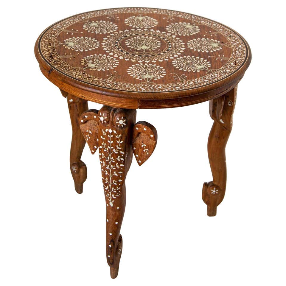 Indian Round Table Anglo Indian Side Table Inlaid with Mother-of-Pearl and Elephant Head ...