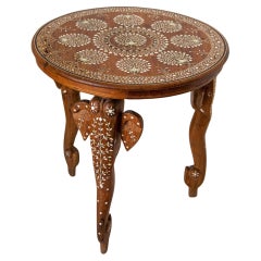 Antique Anglo Indian Mughal Teak Inlaid Round Side Table