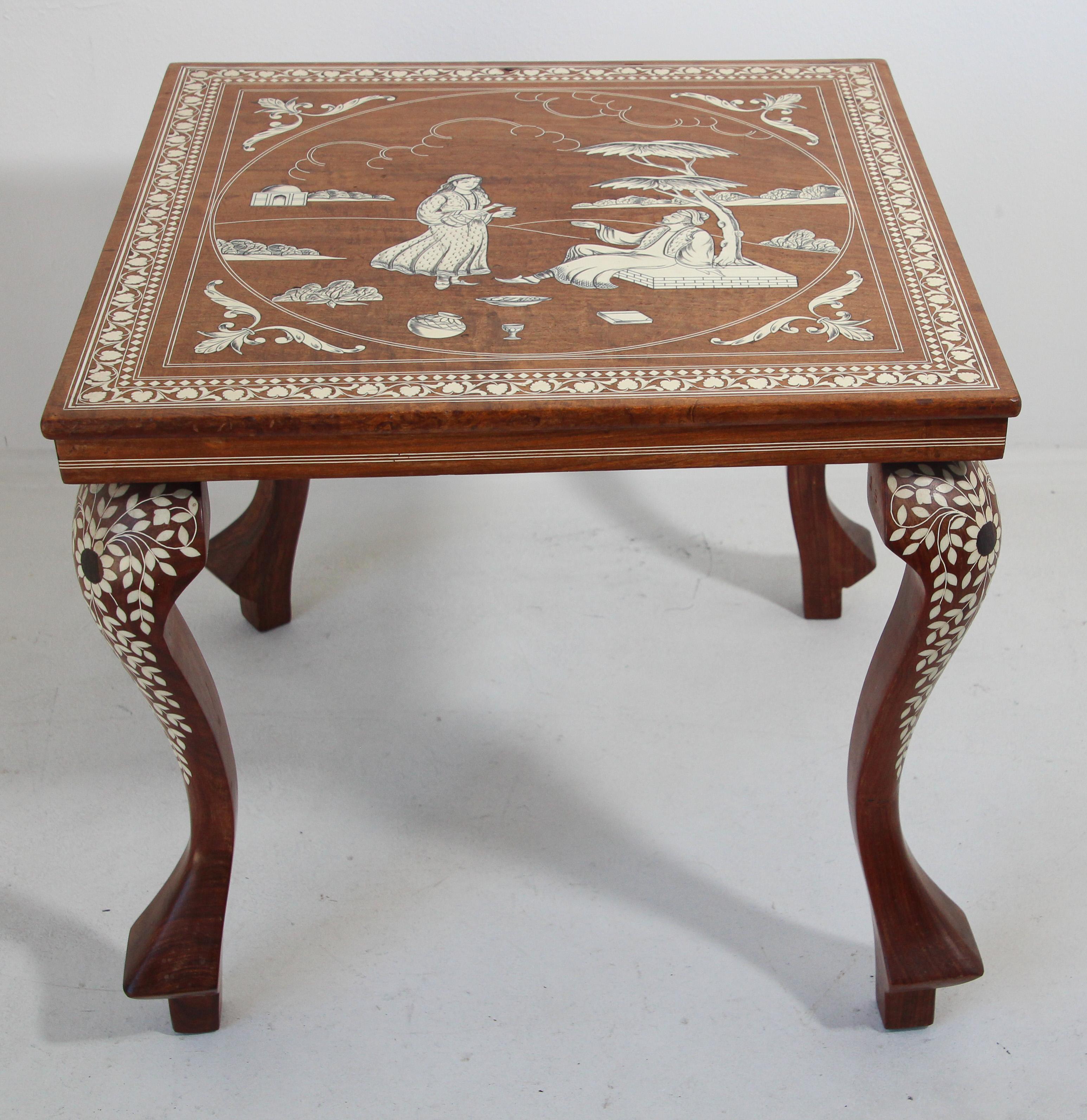 20th Century Anglo Indian Mughal Teak Inlaid Square Side Table For Sale