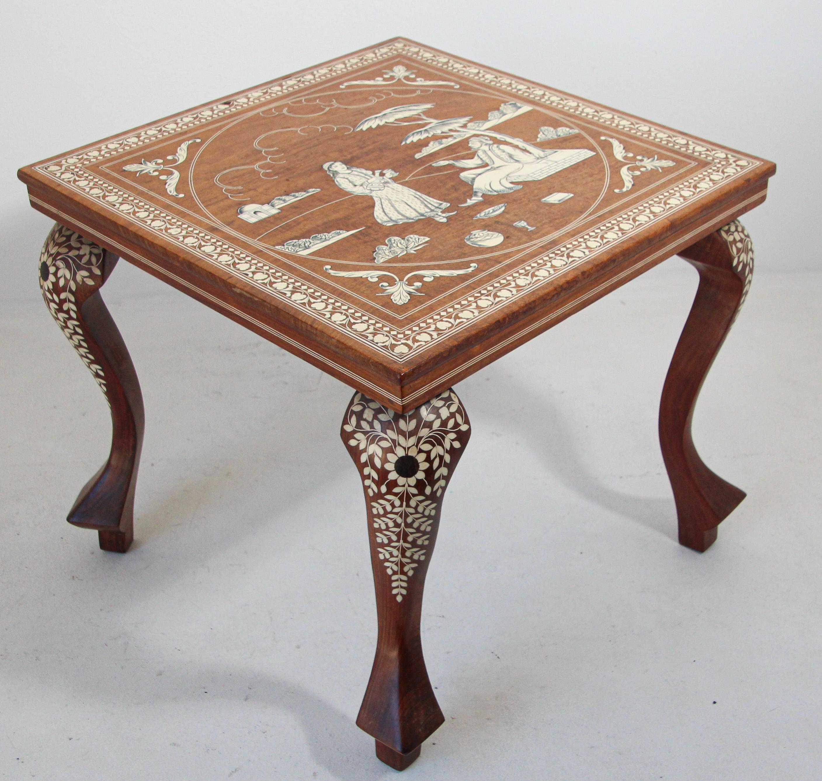 Anglo Indian Mughal Teak Inlaid Square Side Table For Sale 7