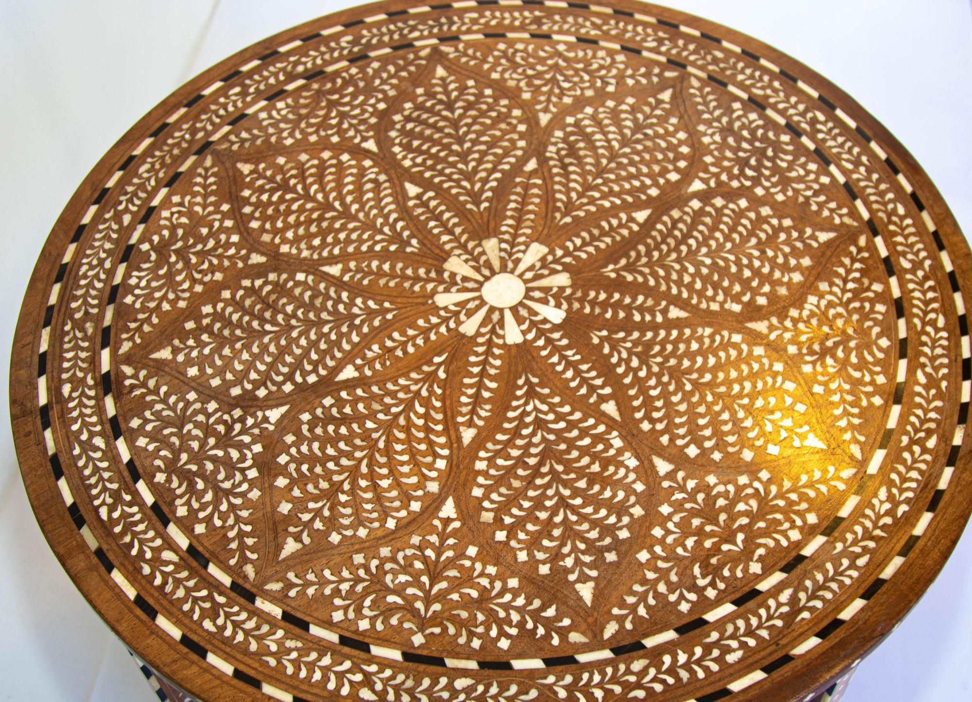 Anglo Indian Mughal Teak Wood Round Side Table with Bone Inlaid 2