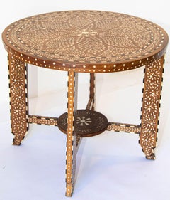 Anglo Indian Mughal Teak Wood Round Side Table with Bone Inlaid
