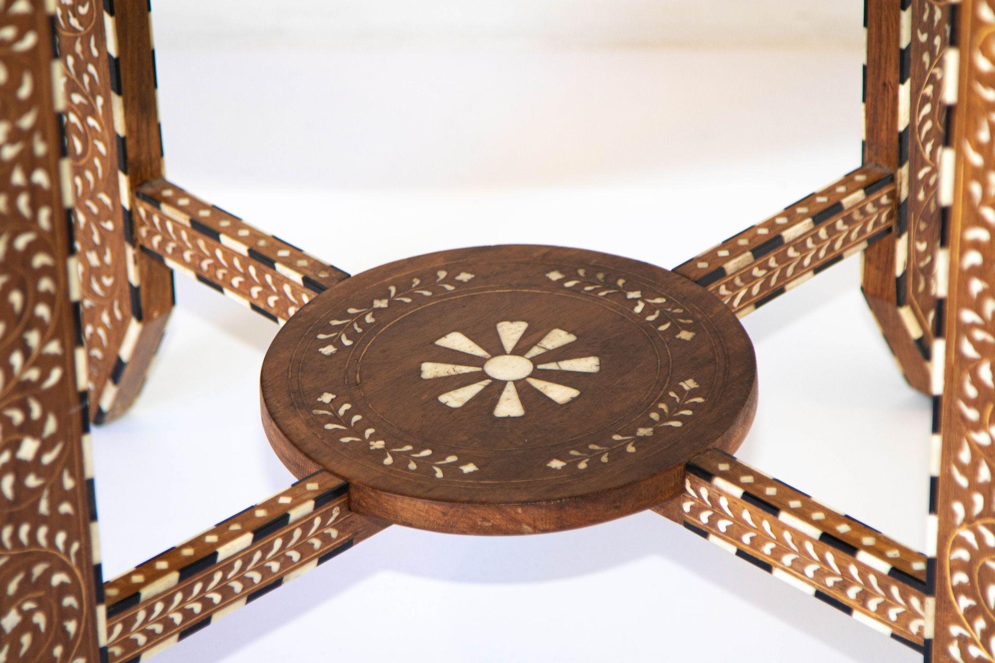 Hand-Carved Anglo Indian Mughal Teak Wood Round Side Table with Bone Inlaid