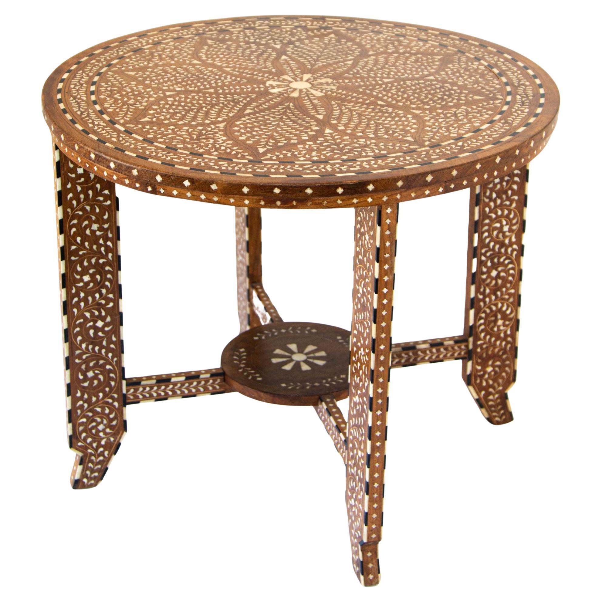 Anglo Indian Mughal Teak Wood Round Side Table with Bone Inlaid For Sale