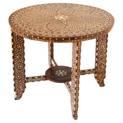 Anglo Indian Mughal Teak Wood Round Side Table with Bone Inlaid