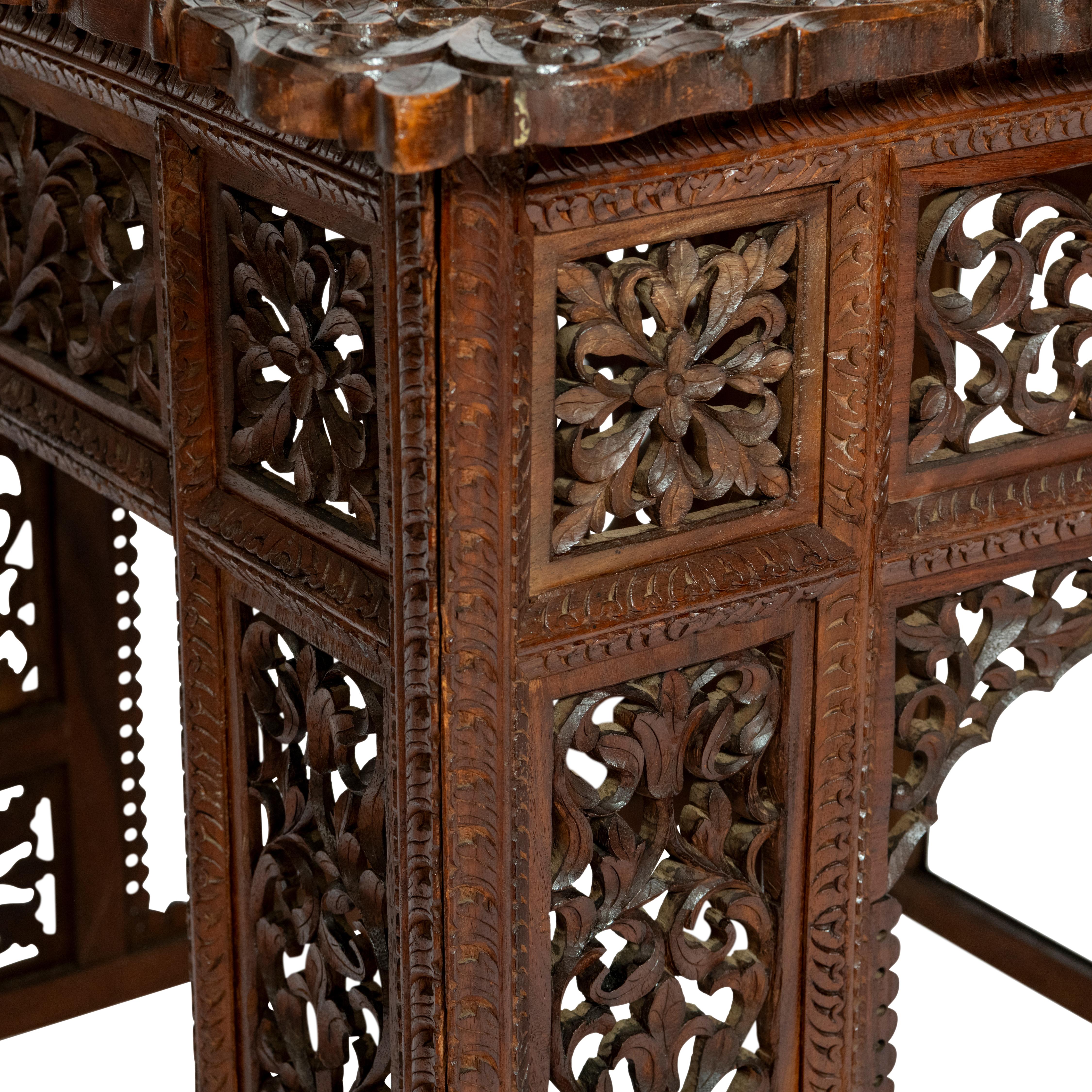 Hand-Carved Anglo-Indian Occasional Table with Porcelain Panel, India circa 1890 For Sale