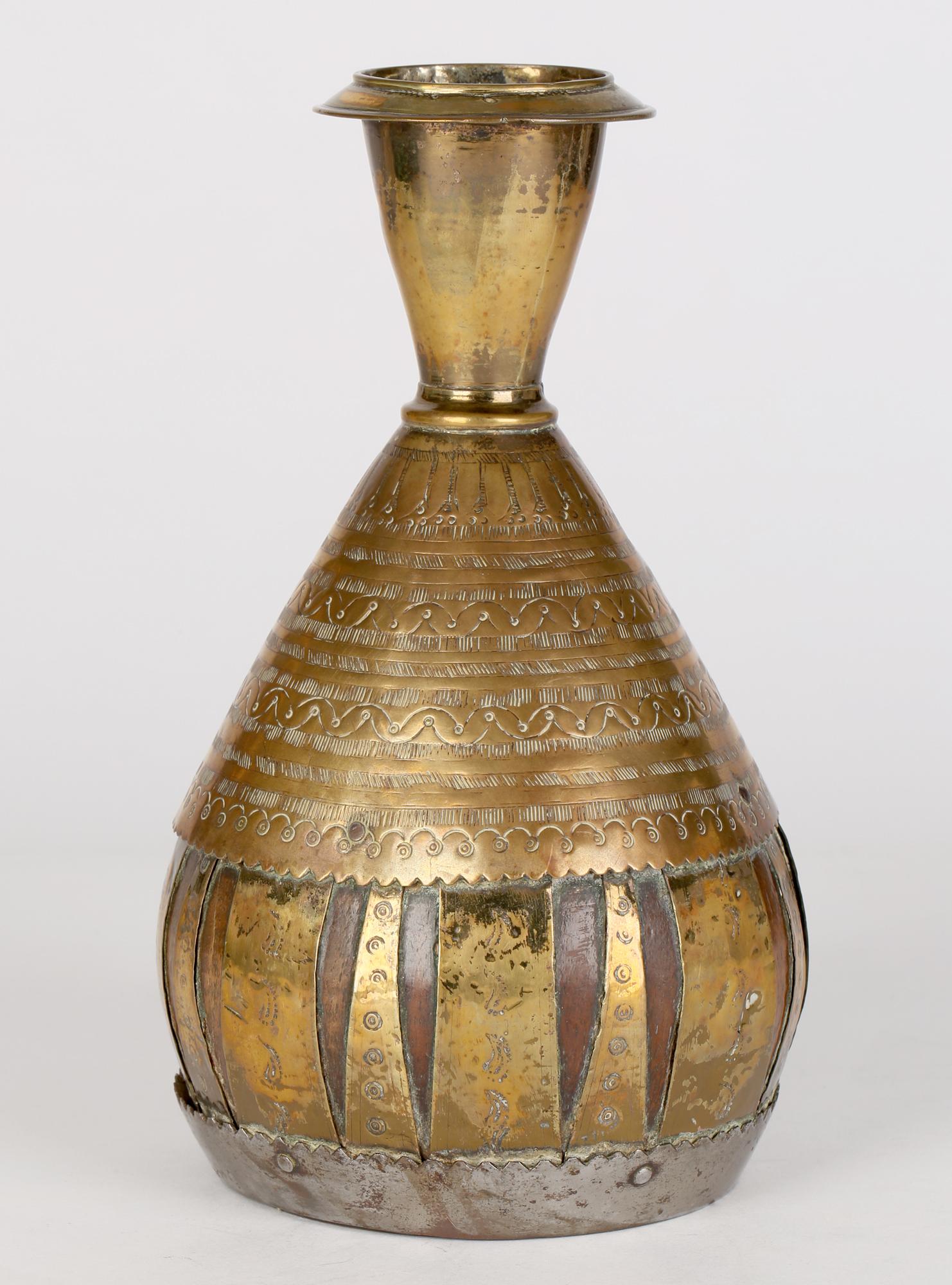 Anglo Indian or Middle Eastern Brass Overlay Coconut Wood Vase For Sale 2