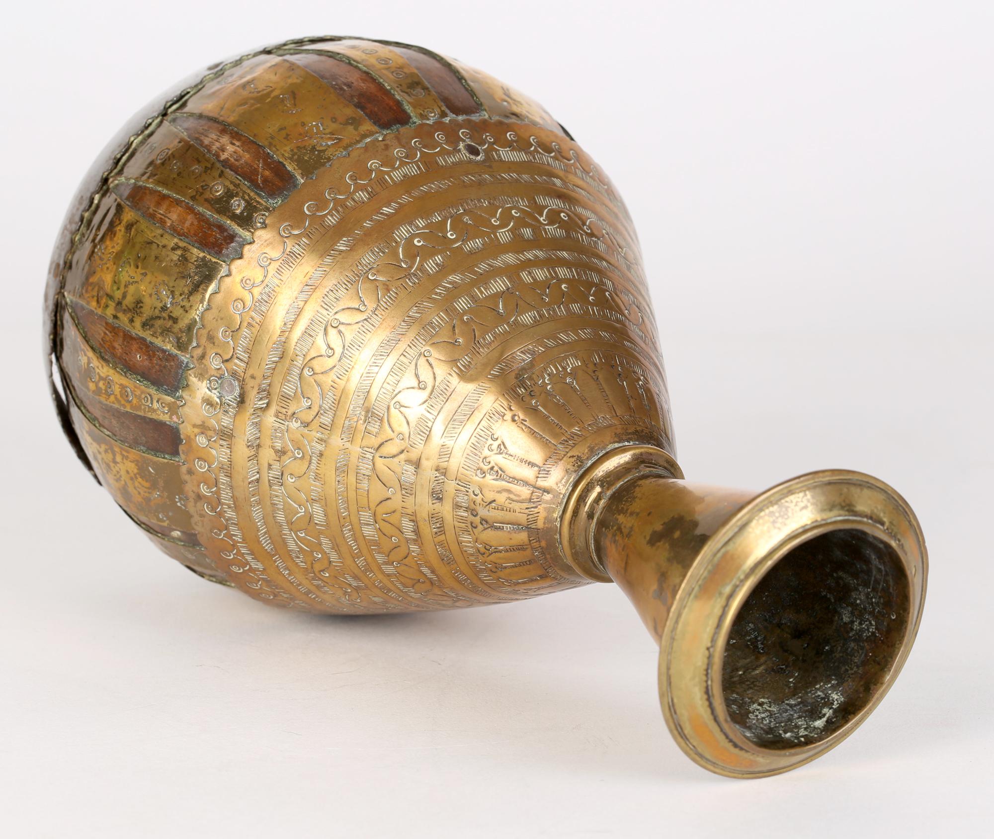 Anglo Indian or Middle Eastern Brass Overlay Coconut Wood Vase For Sale 3