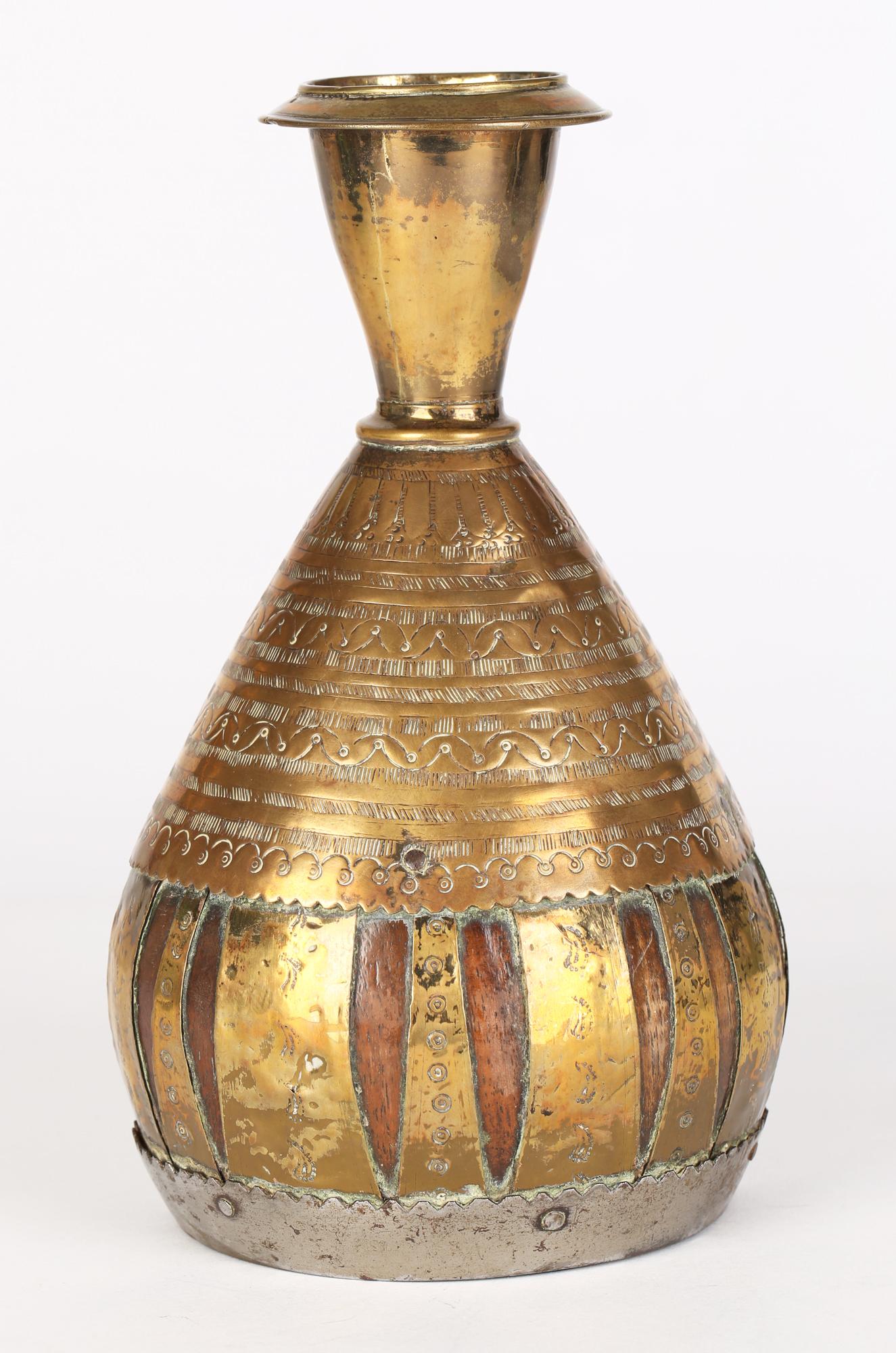 Anglo Indian or Middle Eastern Brass Overlay Coconut Wood Vase For Sale 4