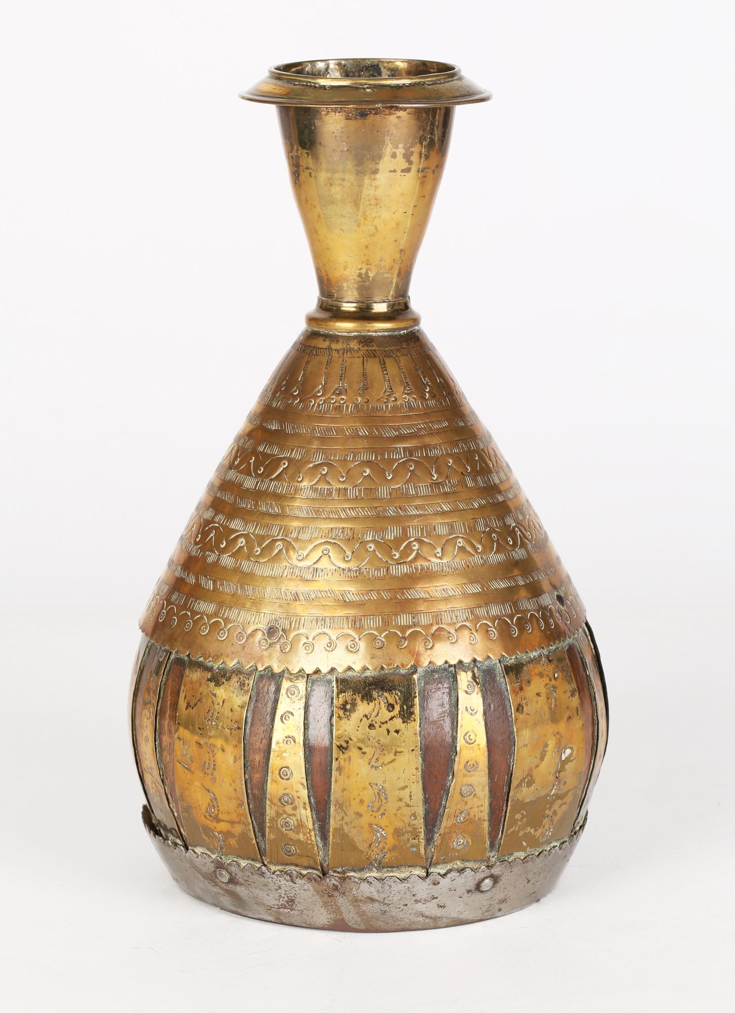 Anglo Indian or Middle Eastern Brass Overlay Coconut Wood Vase For Sale 7