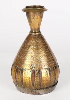 Anglo Indian or Middle Eastern Brass Overlay Coconut Wood Vase