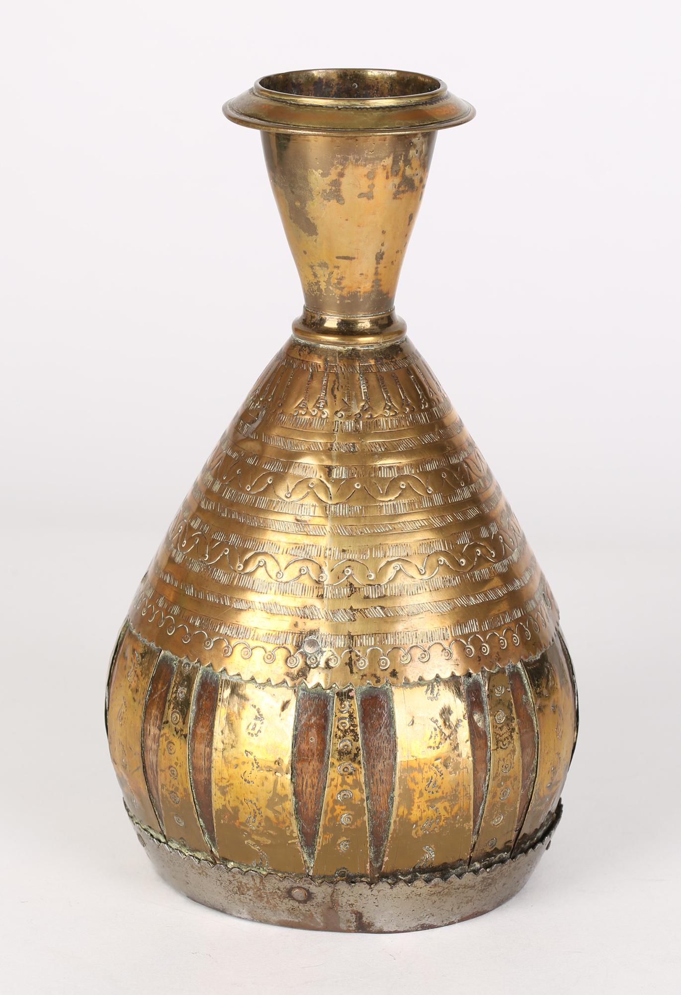 Anglo-Indian Anglo Indian or Middle Eastern Brass Overlay Coconut Wood Vase For Sale