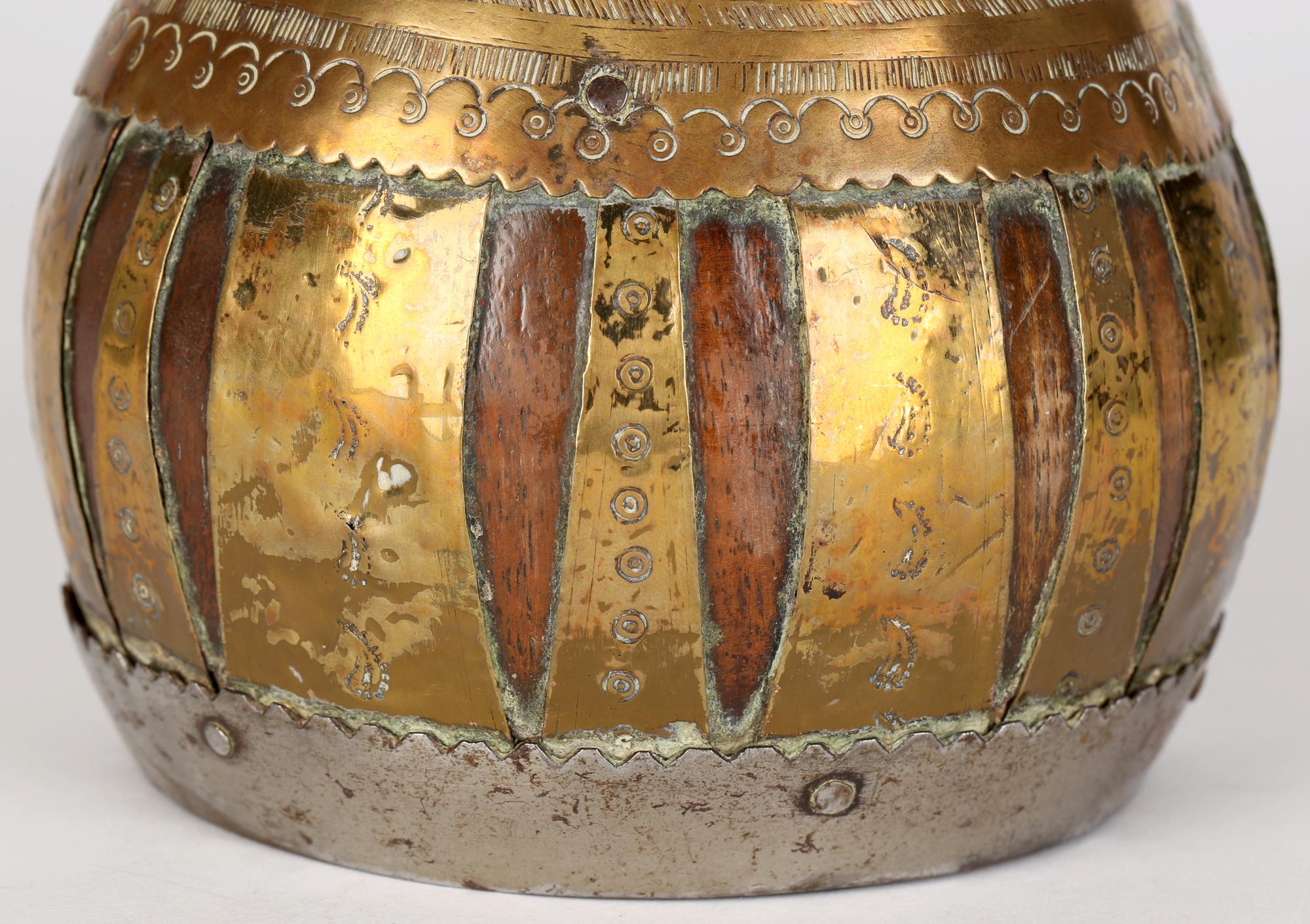 19th Century Anglo Indian or Middle Eastern Brass Overlay Coconut Wood Vase For Sale