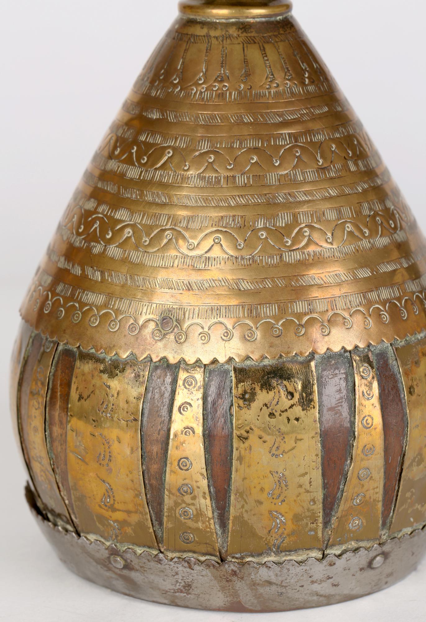 Anglo Indian or Middle Eastern Brass Overlay Coconut Wood Vase For Sale 2
