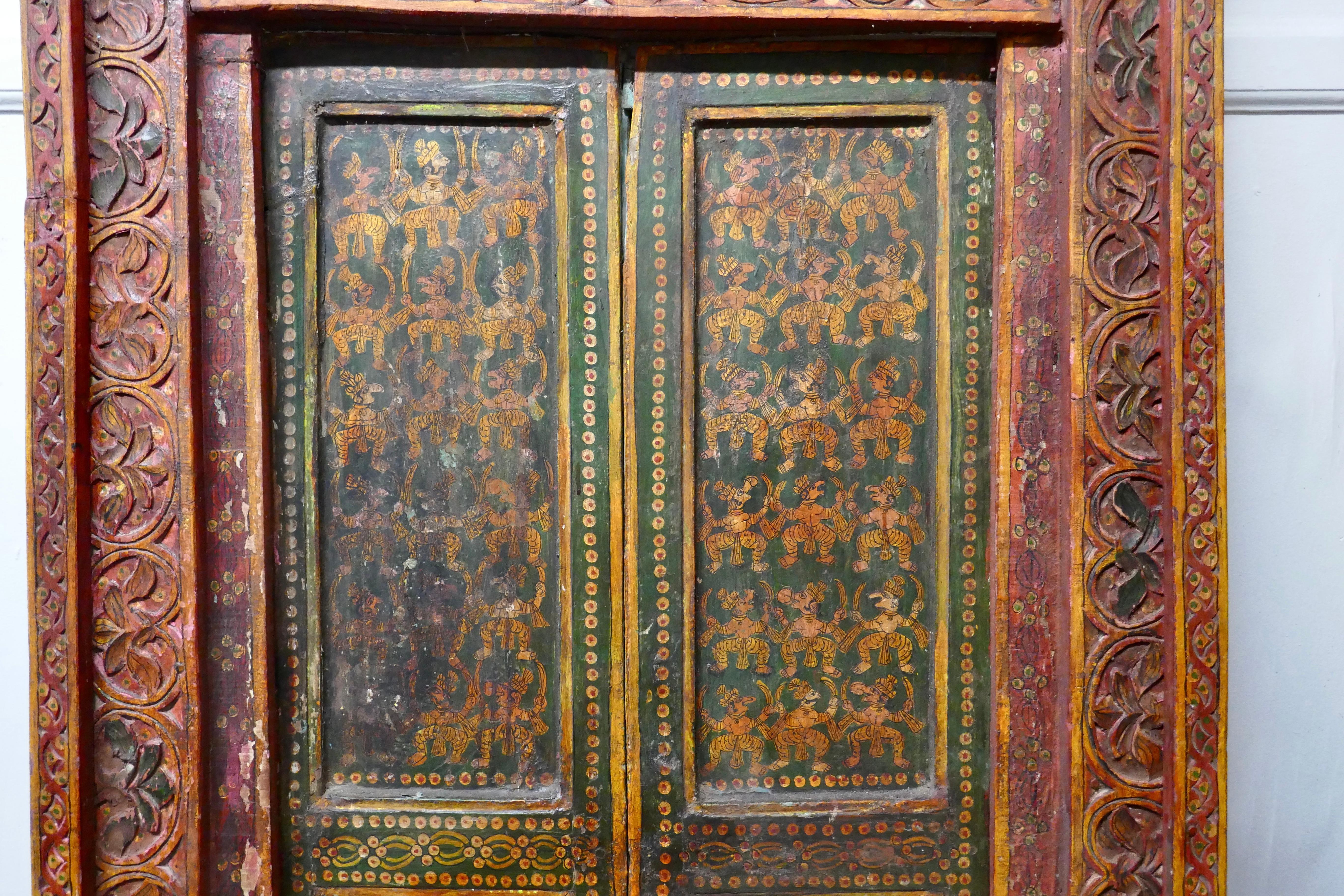 Anglo Indian Painted Doors in Original Frame, Wall Art In Good Condition For Sale In Chillerton, Isle of Wight