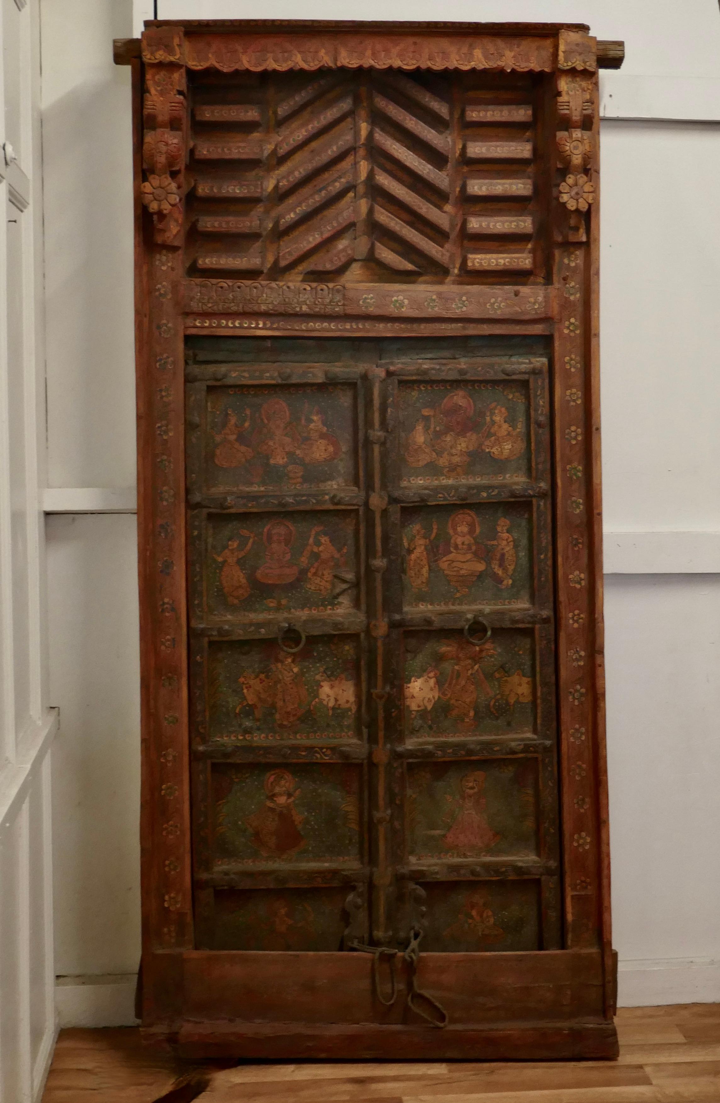 Anglo Indian Painted Doors in Original Frame, Wall Art In Good Condition For Sale In Chillerton, Isle of Wight