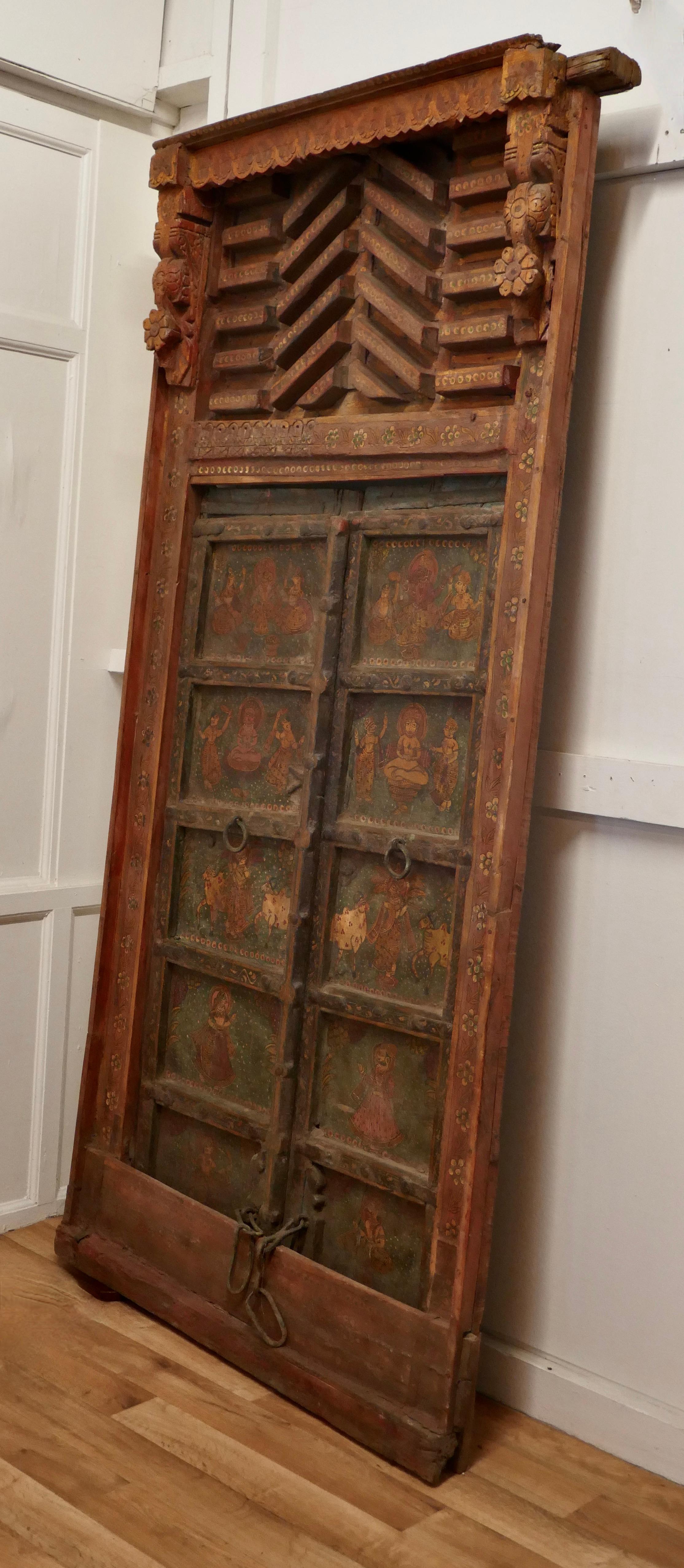 19th Century Anglo Indian Painted Doors in Original Frame, Wall Art For Sale
