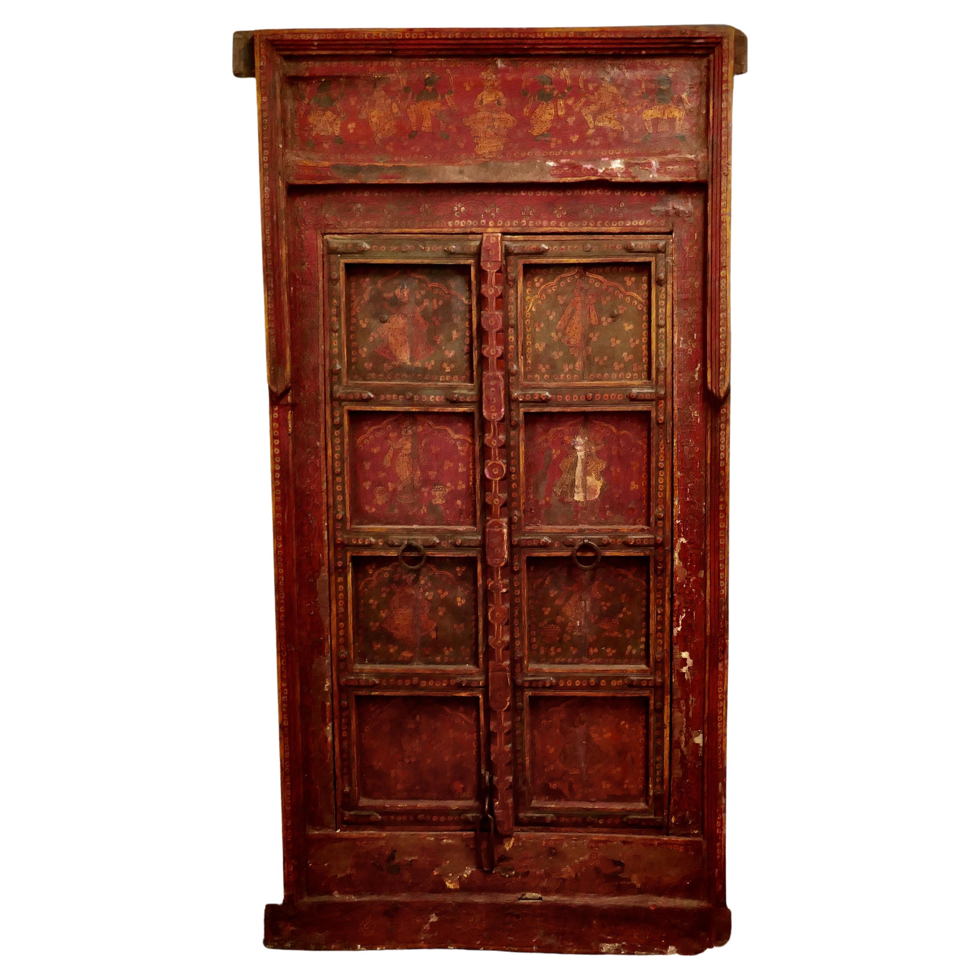 Anglo Indian Painted Doors in Original Frame, Wall Art For Sale