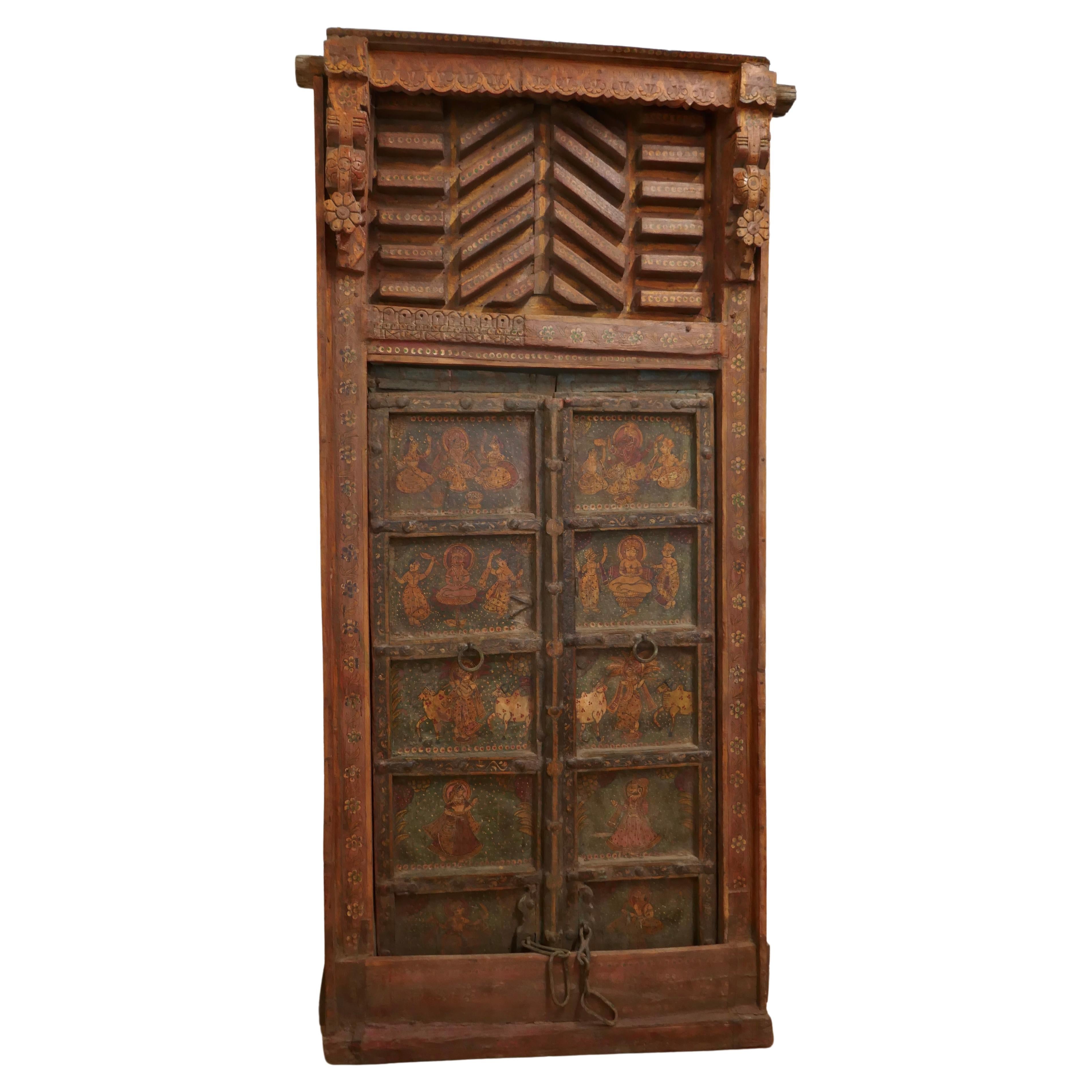 Anglo Indian Painted Doors in Original Frame, Wall Art For Sale