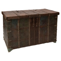 Antique Anglo-Indian Painted Teak Iron-Bound Merchant's Chest