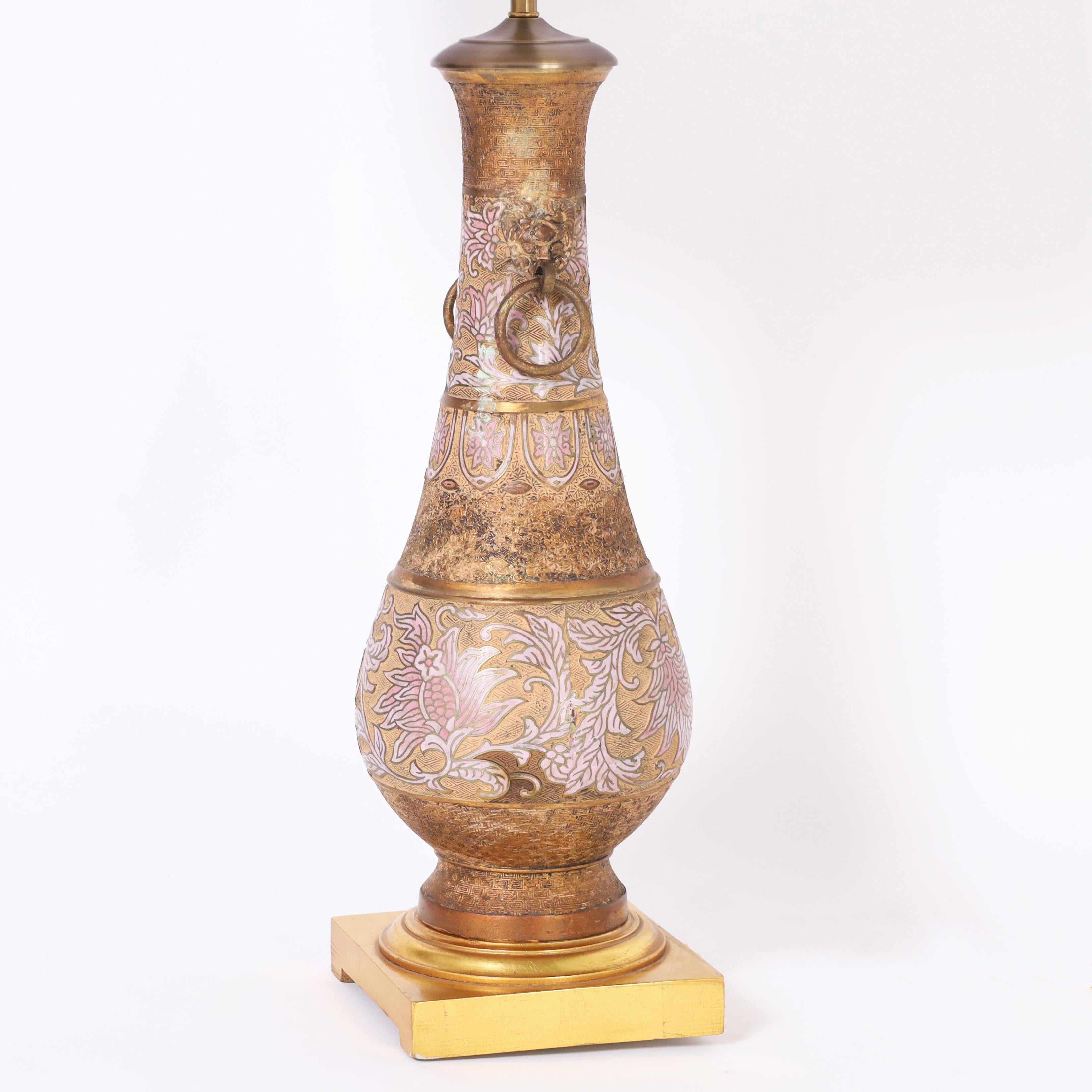 Cast Anglo Indian Pair of Brass and Enamel Table Lamps