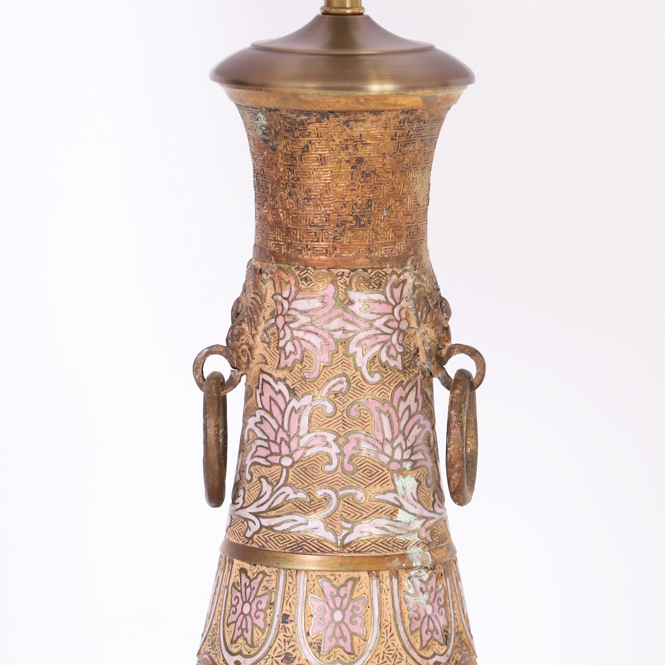Anglo Indian Pair of Brass and Enamel Table Lamps In Good Condition For Sale In Palm Beach, FL