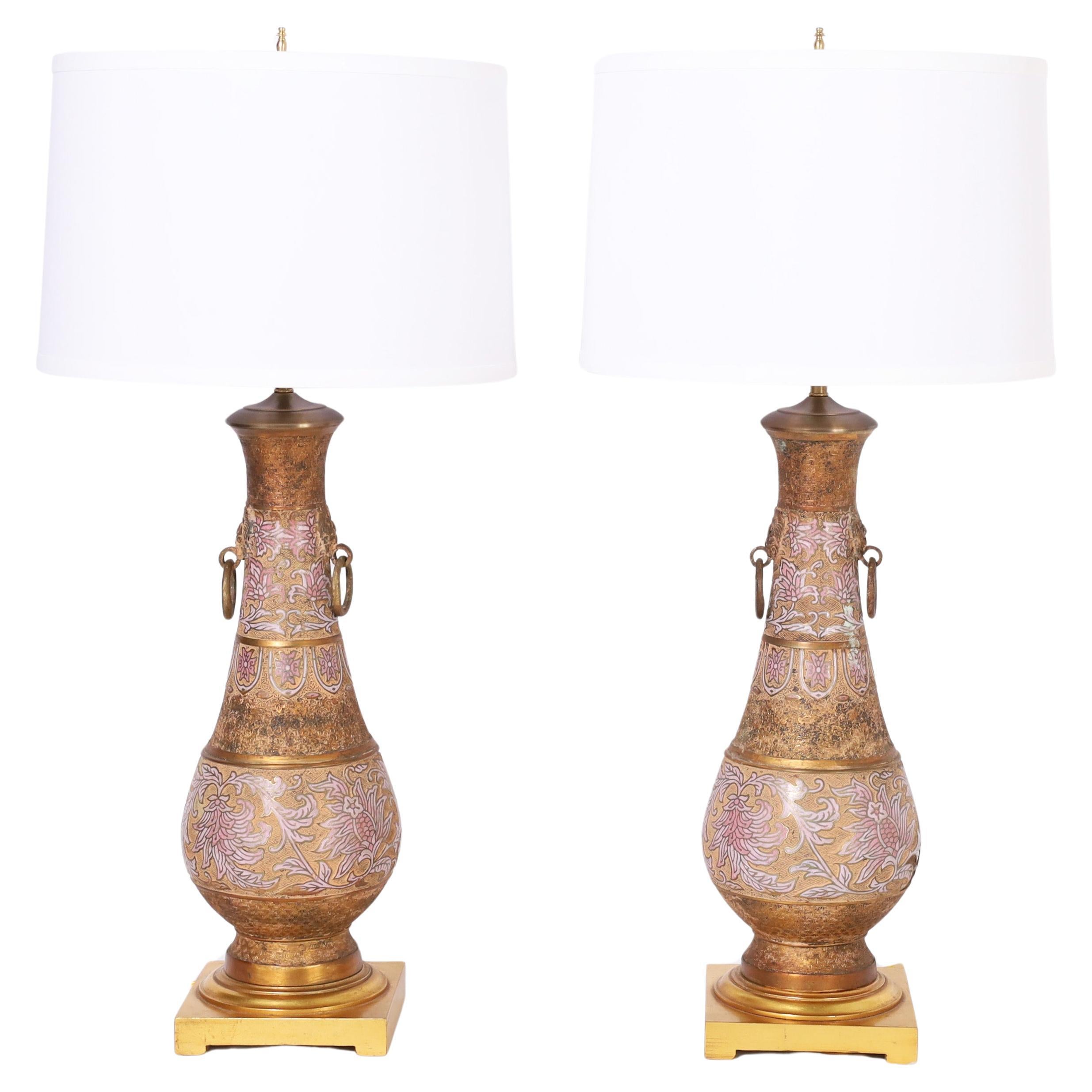 Anglo Indian Pair of Brass and Enamel Table Lamps For Sale