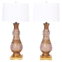 Vintage Anglo Indian Pair of Brass and Enamel Table Lamps