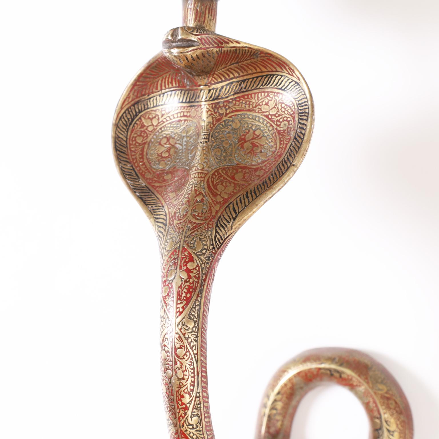 Anglo Indian Pair of Vintage Brass Cobra Wall Sconces In Good Condition For Sale In Palm Beach, FL