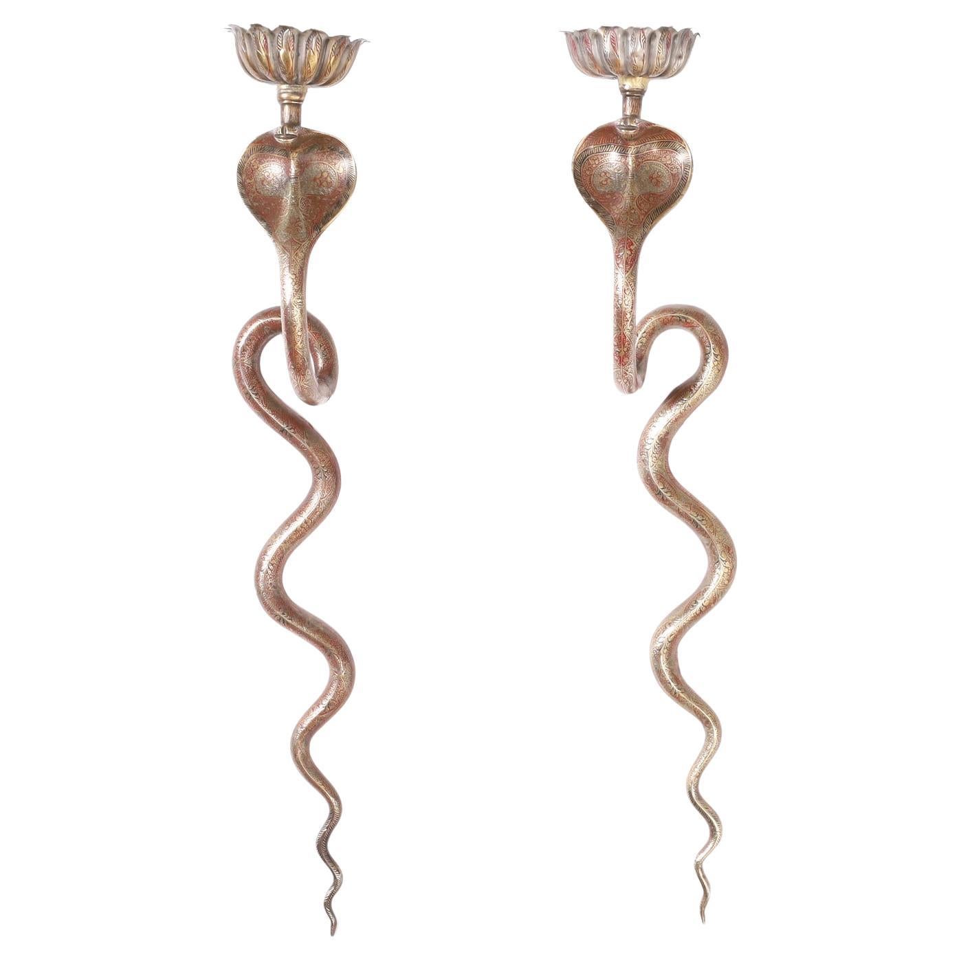 Anglo Indian Pair of Vintage Brass Cobra Wall Sconces For Sale