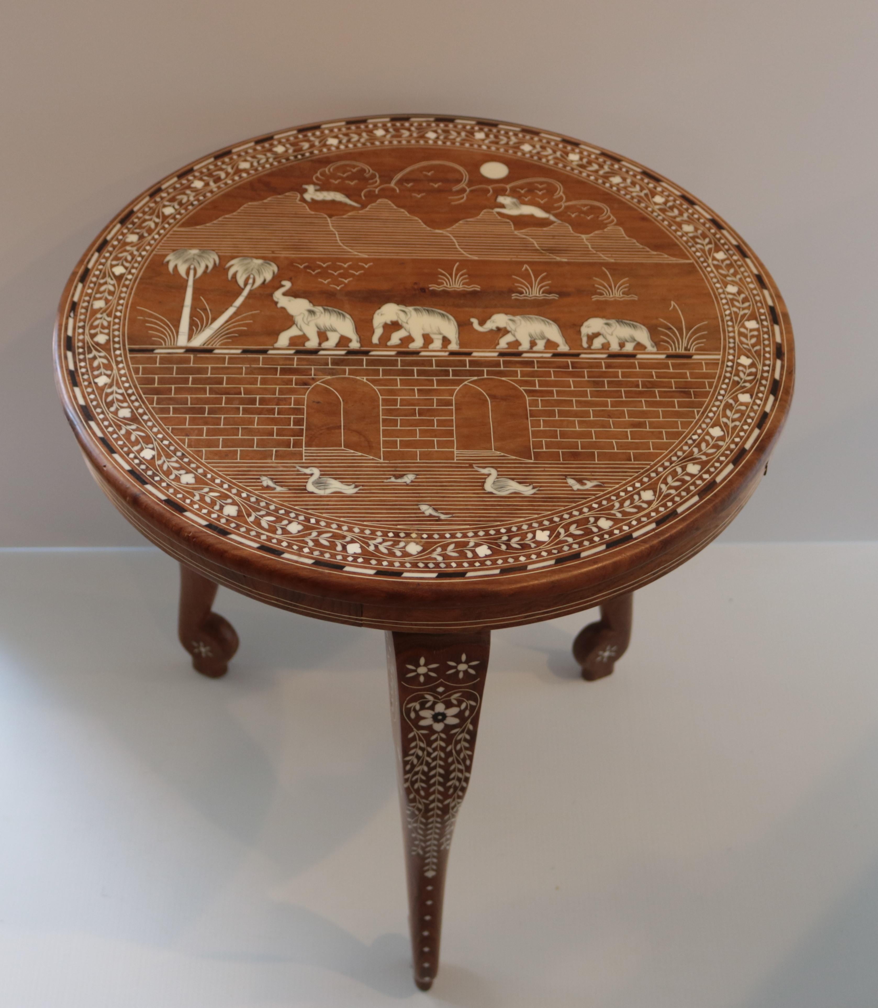 Anglo Indian Pair Rosewood Side Tables-Elephant Legs. Elaborate Bone Inlay For Sale 2