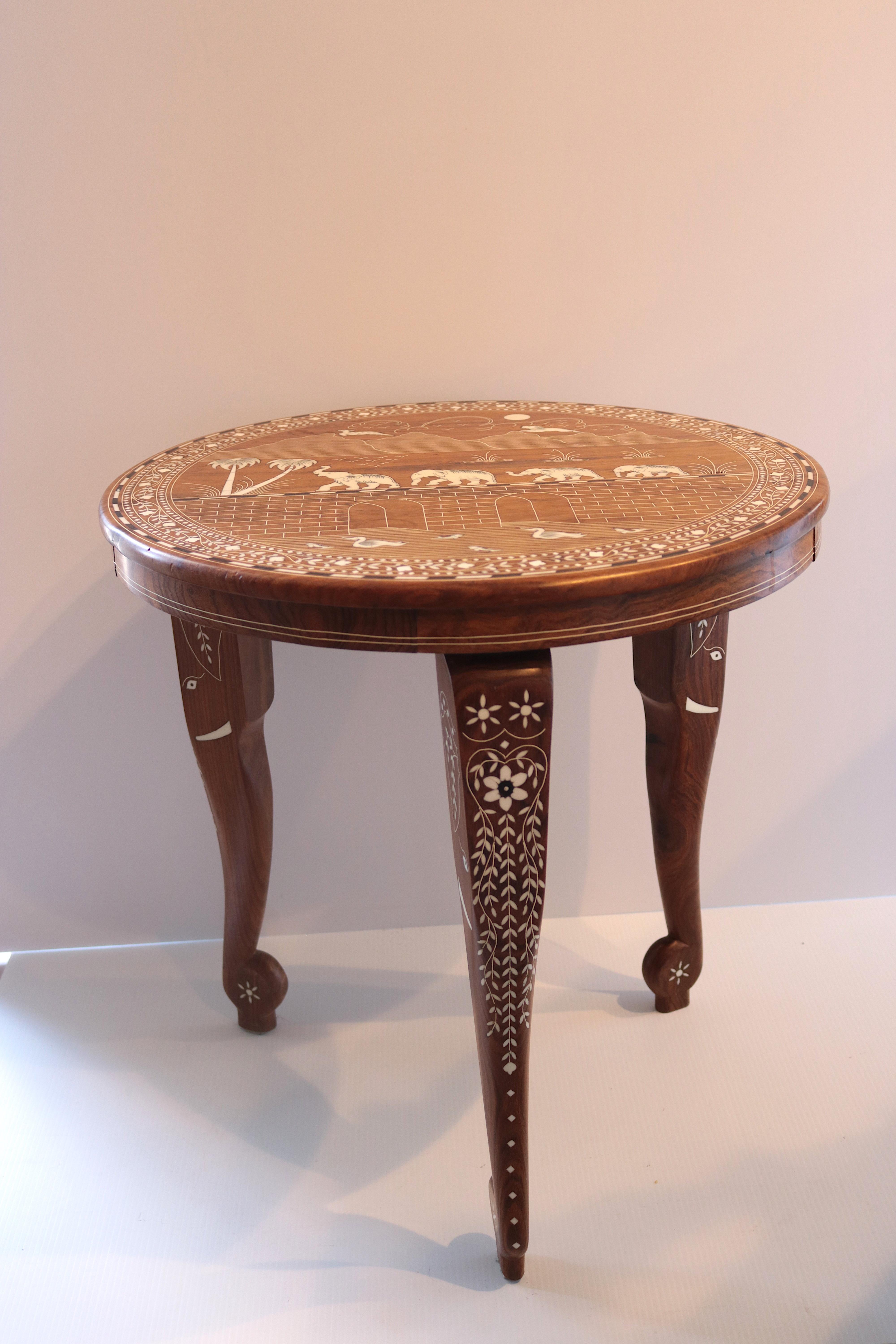 Anglo Indian Pair Rosewood Side Tables-Elephant Legs. Elaborate Bone Inlay For Sale 4