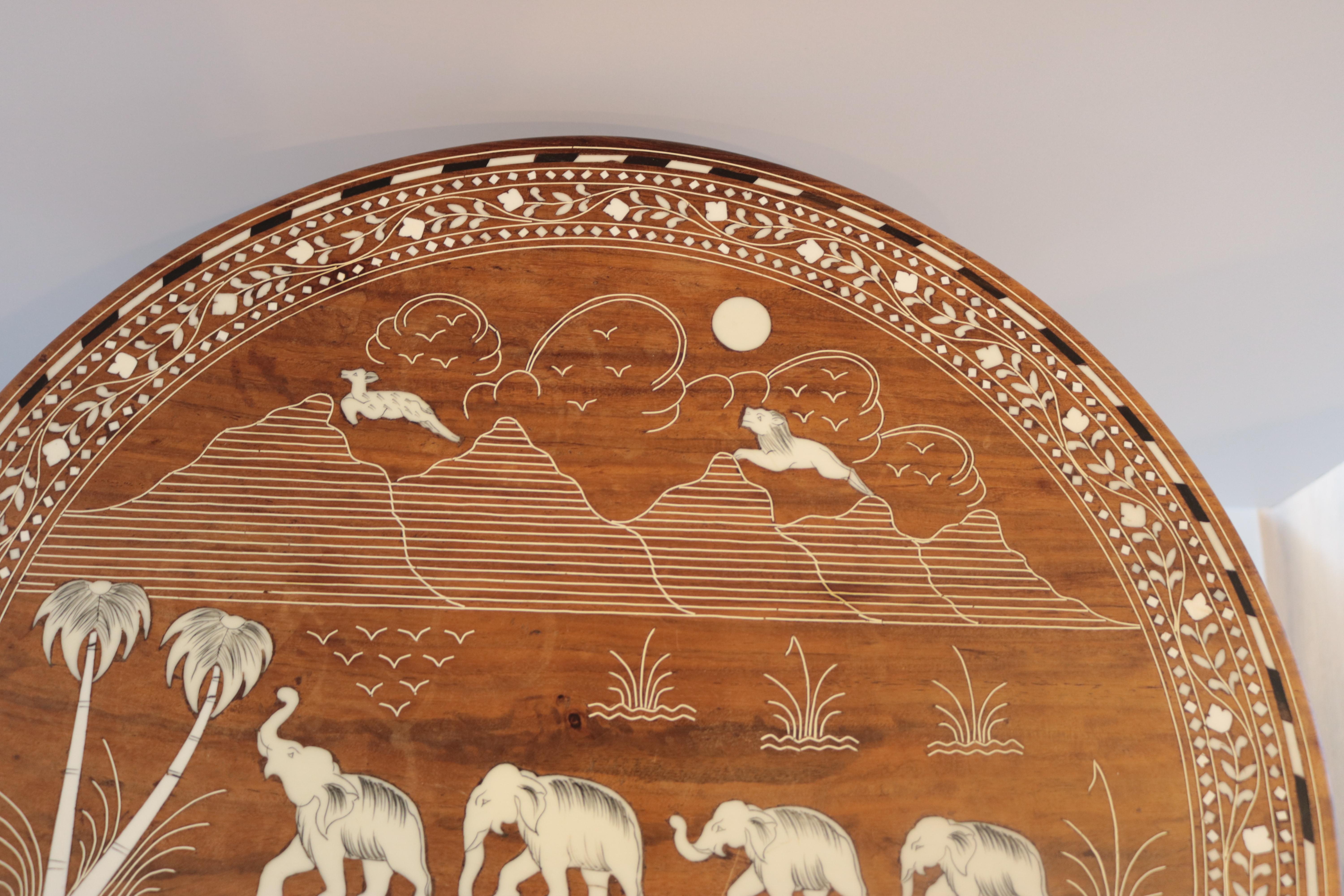 Anglo Indian Pair Rosewood Side Tables-Elephant Legs. Elaborate Bone Inlay For Sale 6