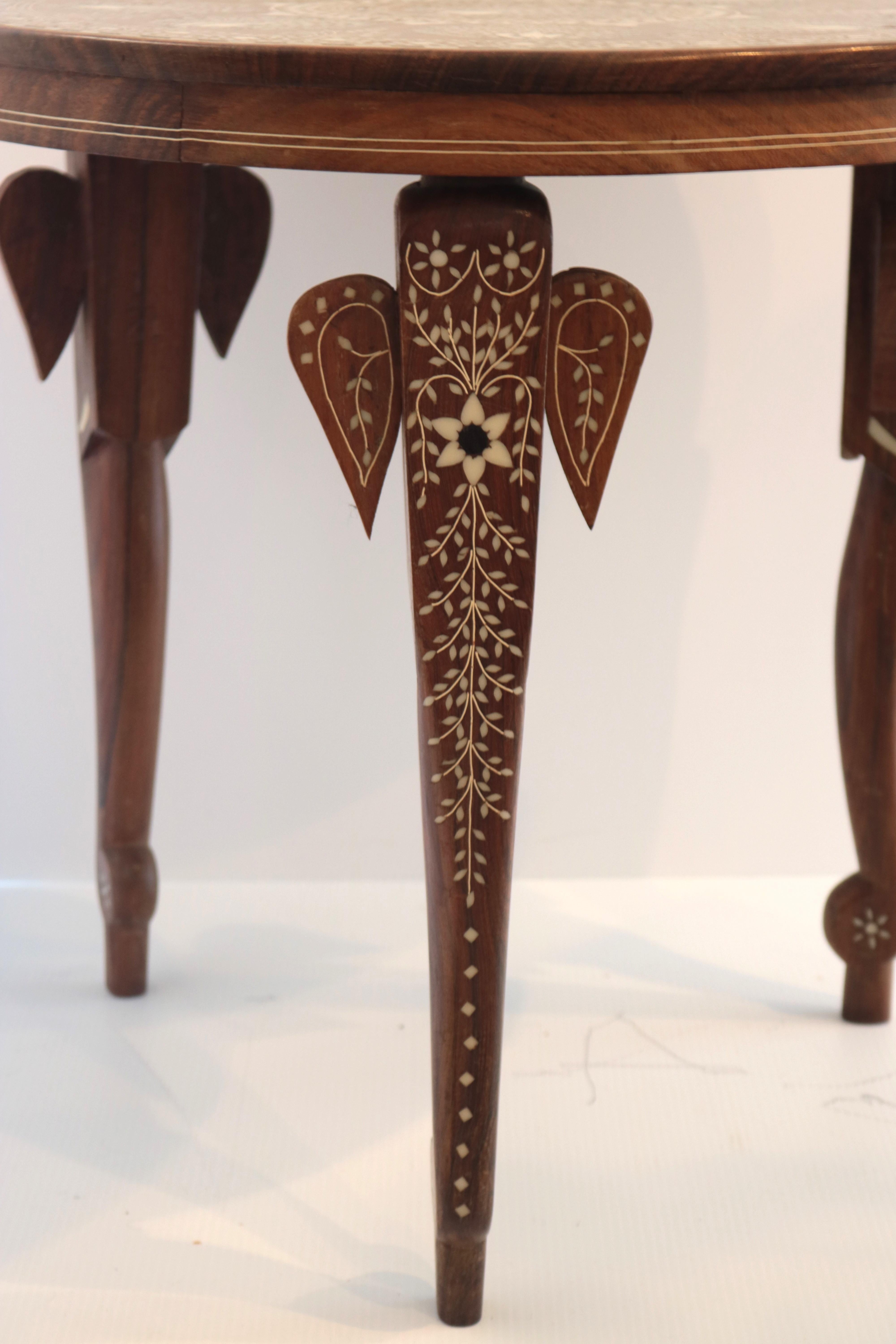 Anglo Indian Pair Rosewood Side Tables-Elephant Legs. Elaborate Bone Inlay In Good Condition For Sale In West Palm Beach, FL