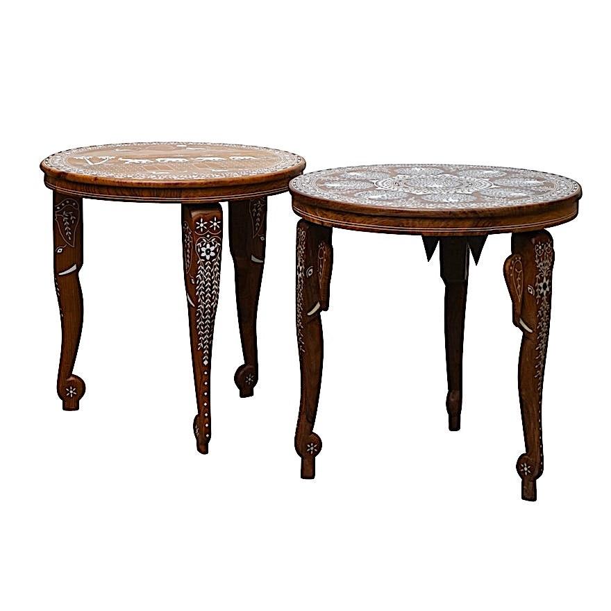 Anglo Indian Pair Rosewood Side Tables-Elephant Legs. Elaborate Bone Inlay For Sale