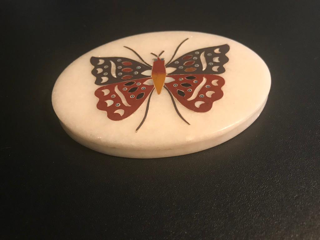 Anglo Indian Pietra Dura Inlaid Marble Butterfly Paperweight For Sale 3